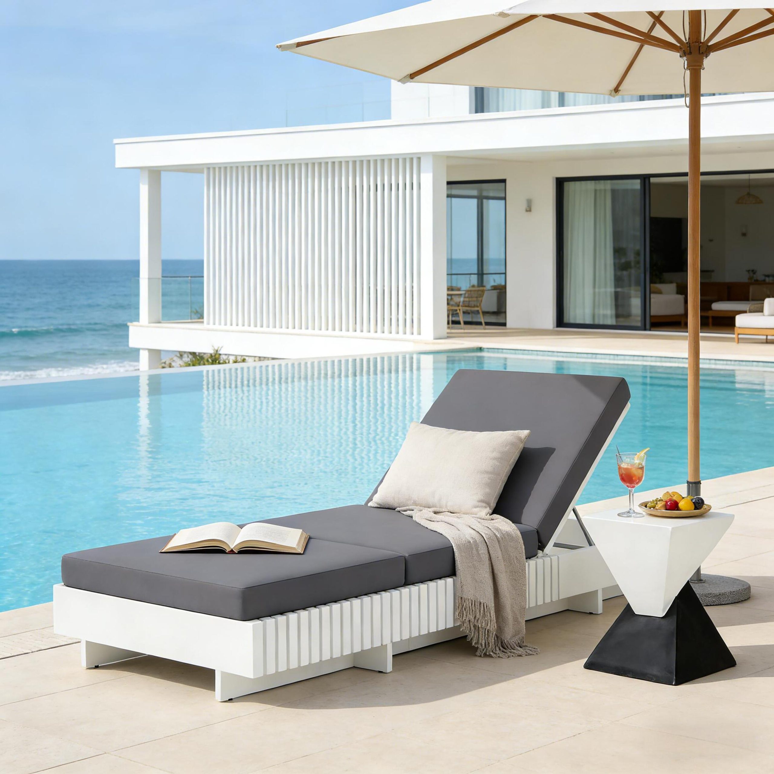 White Acacia Solid Wood Outdoor Chaise Lounge with Dark Grey 3-Fold Water-Repellent Cushion, 400lbs Capacity, Modern Patio Sun Lounger for Garden, Poolside
