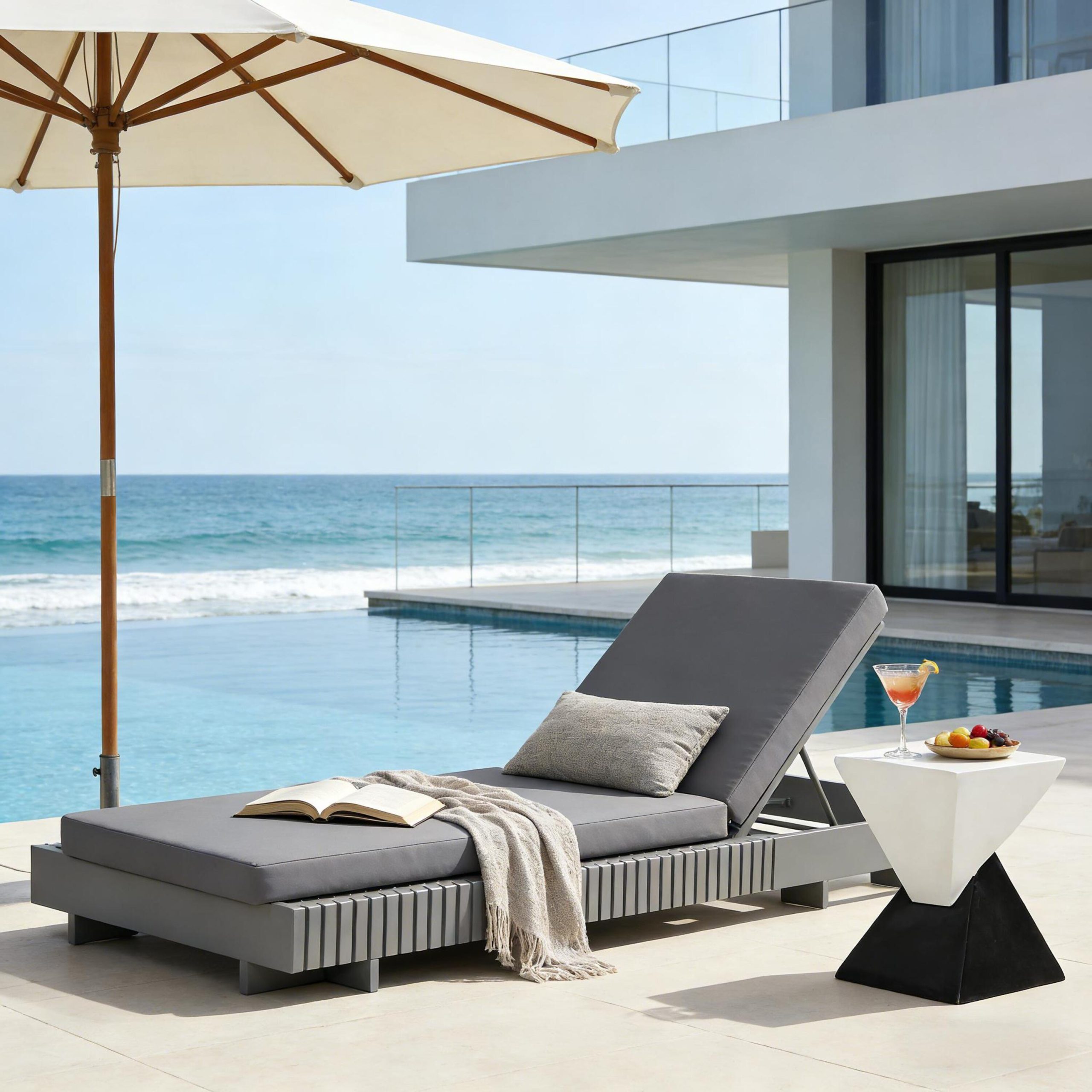 Dark Grey Acacia Solid Wood Outdoor Chaise Lounge with Dark Grey Water-Repellent Cushion, 400lbs Capacity, Modern Patio Sun Lounger for Garden, Poolside
