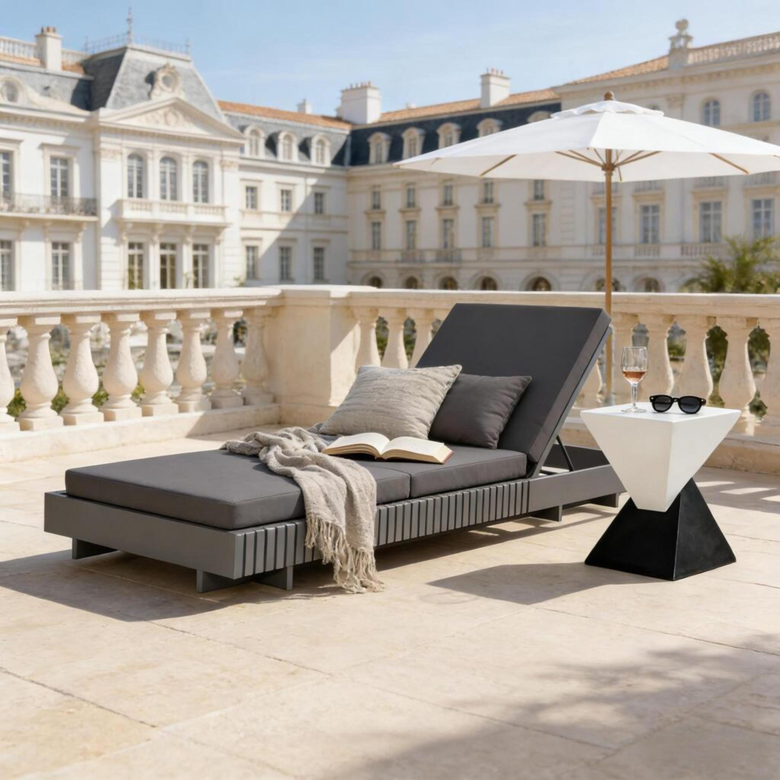 Dark Grey Acacia Solid Wood Outdoor Chaise Lounge with Dark Grey 3-Fold Water-Repellent Cushion, 400lbs Capacity, Modern Patio Sun Lounger for Garden, Poolside