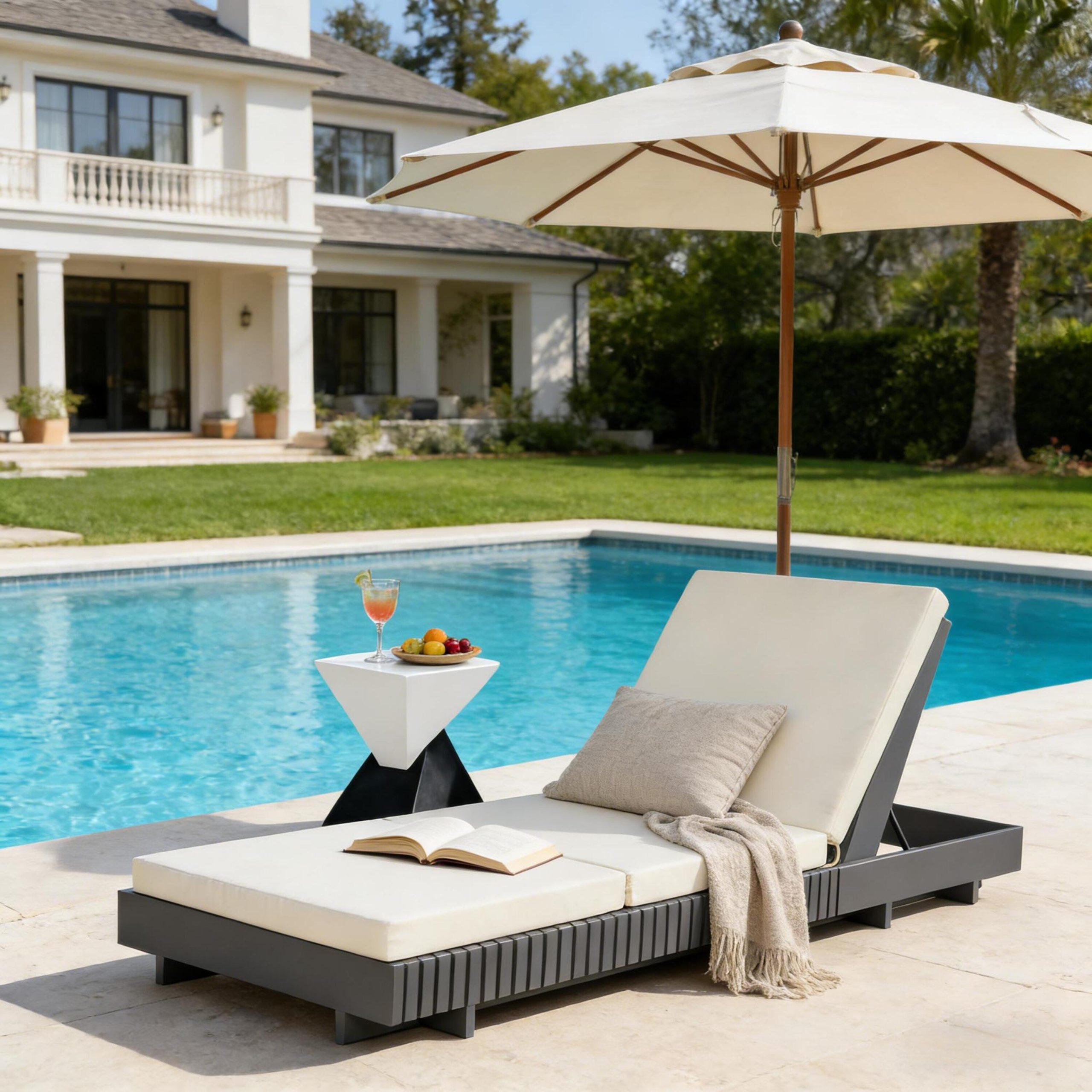 Dark Grey Acacia Solid Wood Outdoor Chaise Lounge with Cream 3-Fold Water-Repellent Cushion, 400lbs Capacity, Modern Patio Sun Lounger for Garden, Poolside