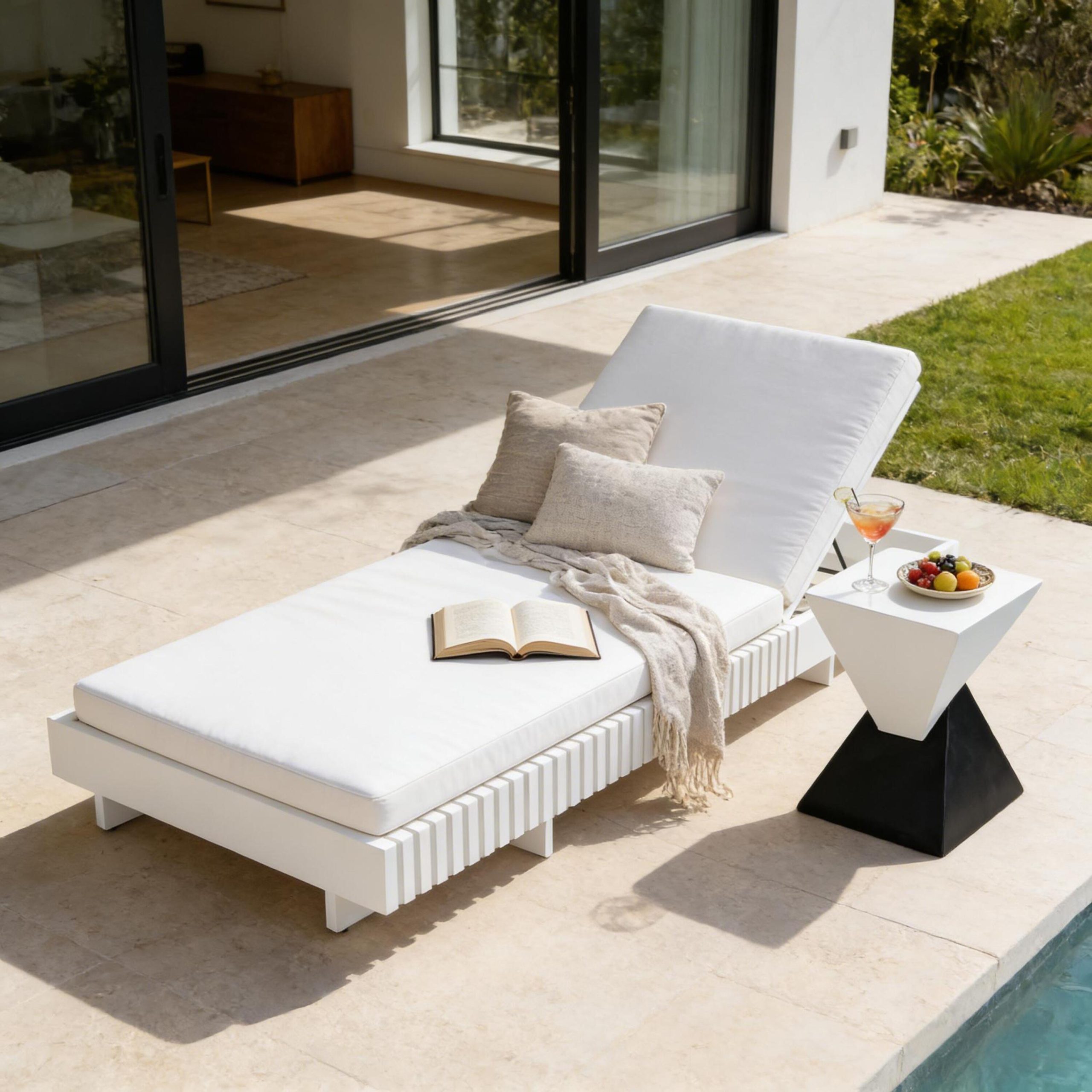 White Acacia Solid Wood Outdoor Chaise Lounge with Cream Water Repellent Cushion,400lbs Capacity, Modern Patio Sun Lounger for Garden,Poolside
