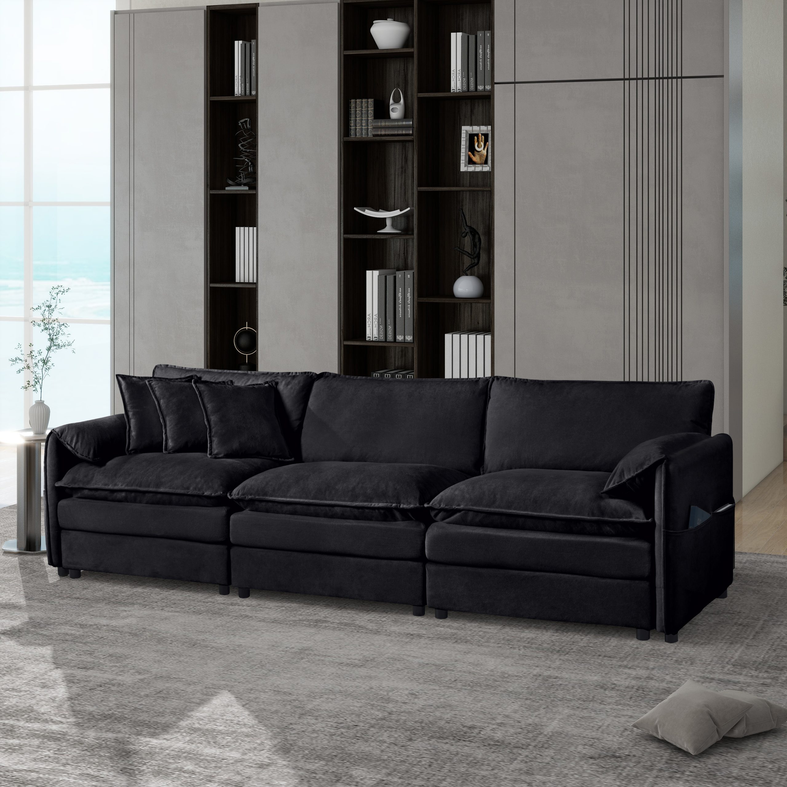 (Old:W3163S00018) Oversized Deep Seat Sectional Sofa, Modern Chenille Cloud Couch, Large 3 Seater Modular Sofa with 3 Pillows for Living Room Bedroom Apartment Office,DIY Combination,Chenille,Black