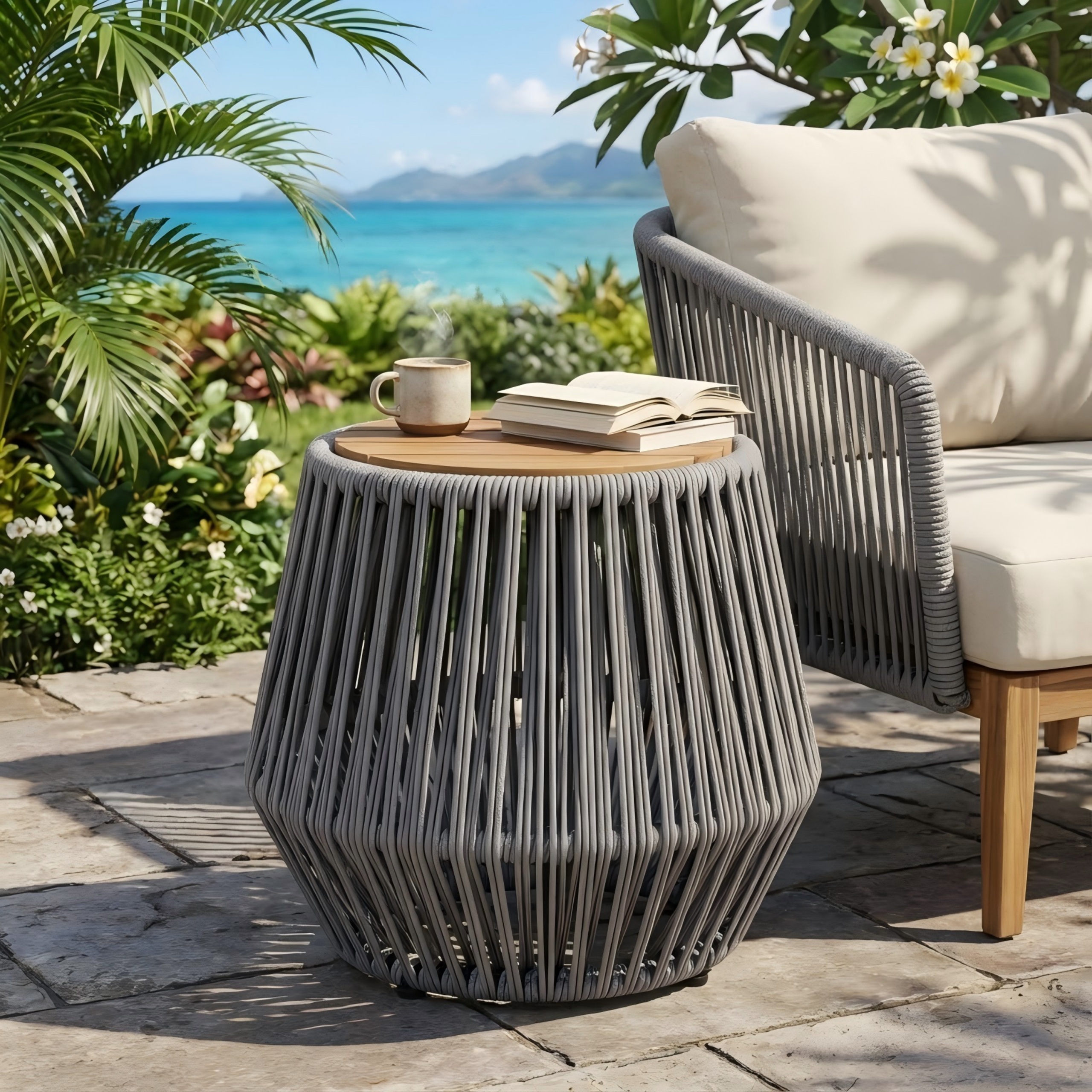 Acacia Wood Side Table with Grey Rope Base – Natural Teak Finish, Modern Coastal Accent for Patio, Garden, Balcony & Indoor Use