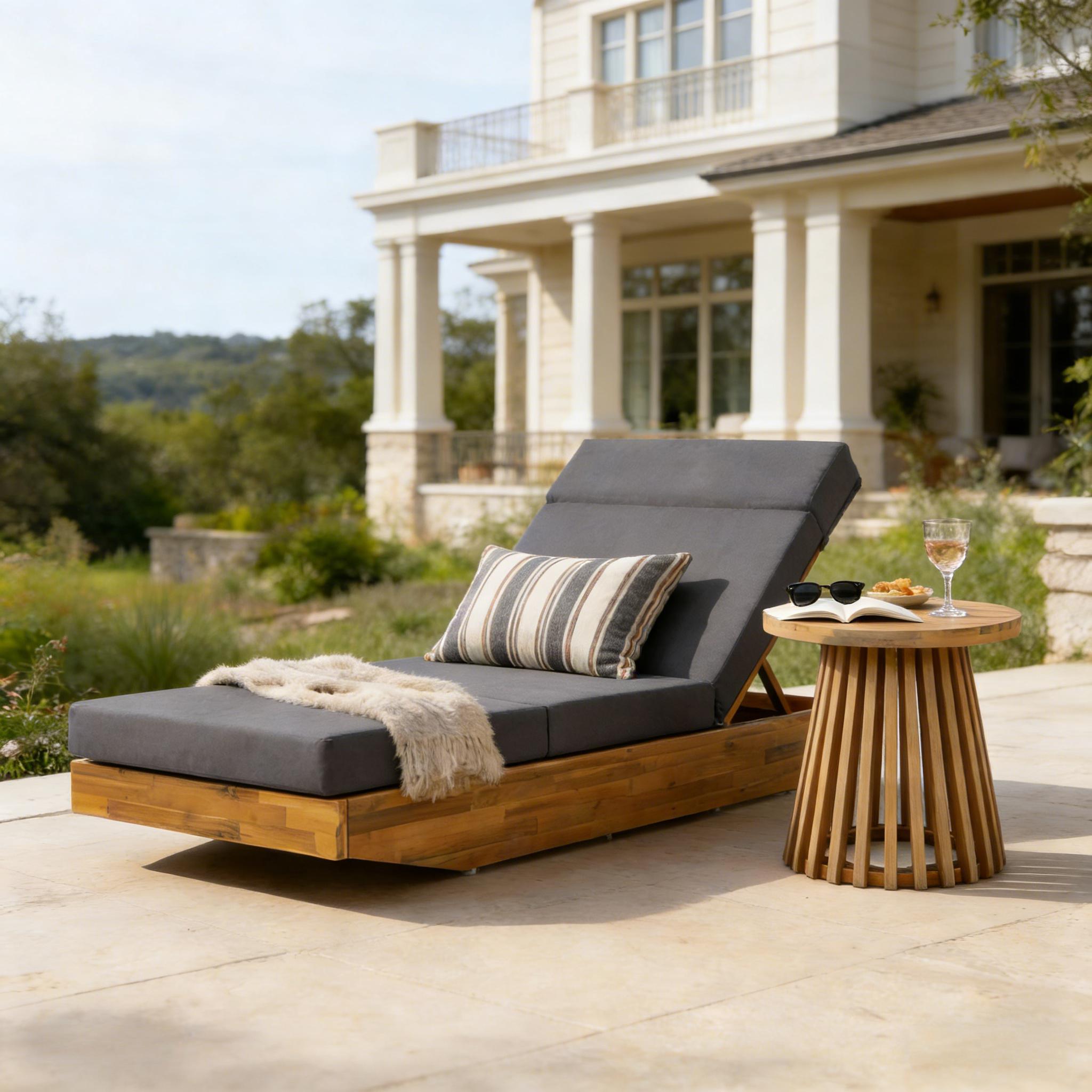 Modern Acacia Wood Outdoor Chaise Lounge with Dark Grey Water-Repellent Cushion & Integrated Headrest, Adjustable & Foldable Design for Patio, Poolside, Garden