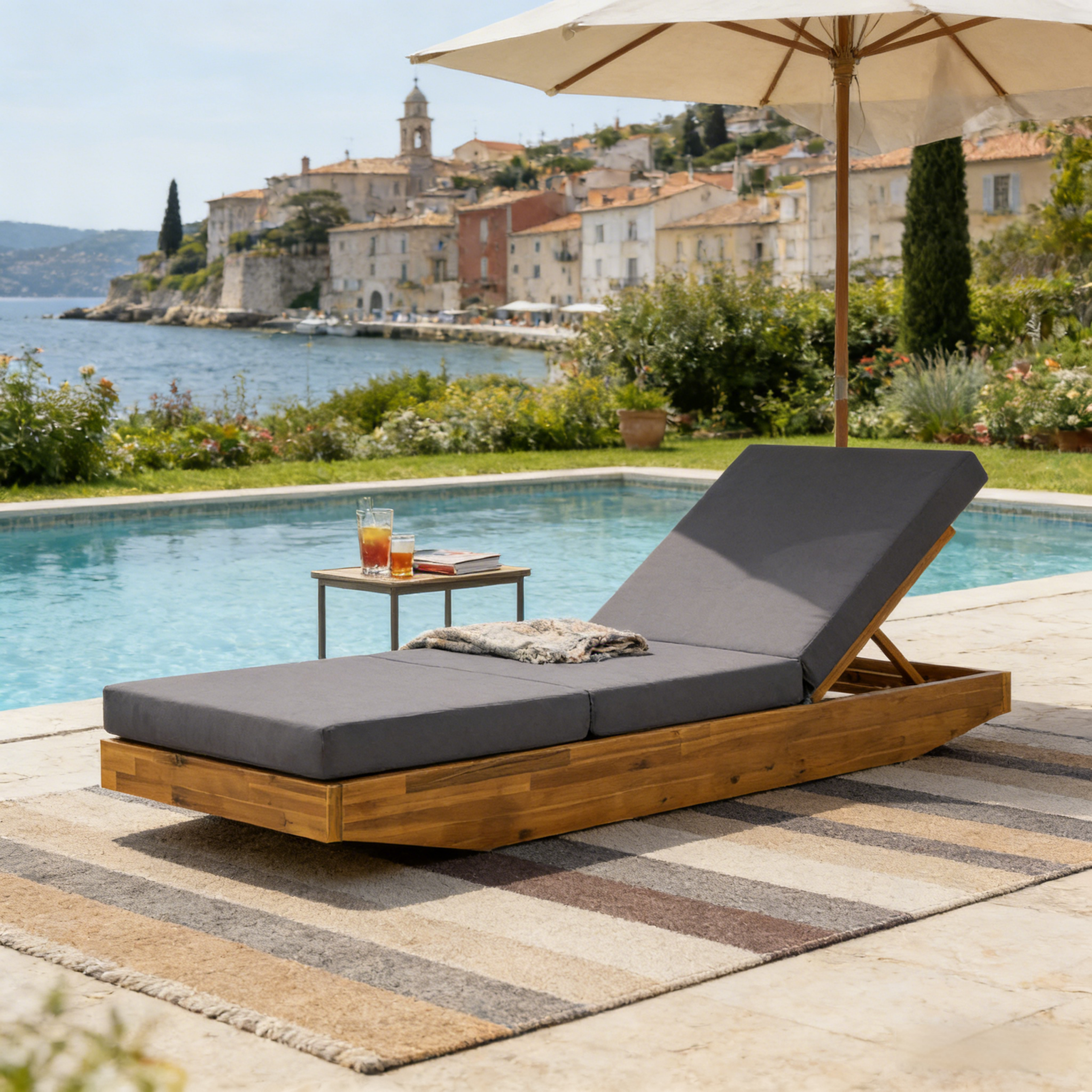Acacia Wood Chaise Lounge with Cushion – Teak Finish Outdoor Recliner with Dark Grey 3-Fold Water-Repellent Cushion, 300lbs Capacity