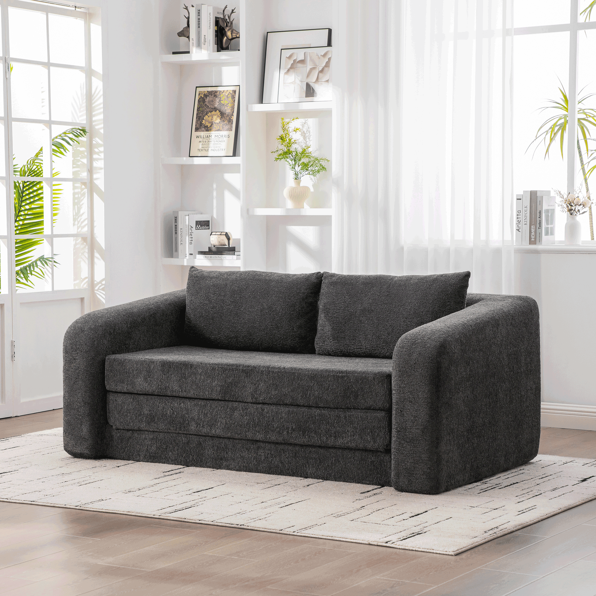 71″ 2-in-1 Pull Out Foldable Loveseat Sofa Bed with Armrest & Backrest Pillows, Convertible Chenille Boneless Cloud Floor Mattress Sleeper Lounge Couch for Living Room Bedroom Guestroom Dorm, Gray