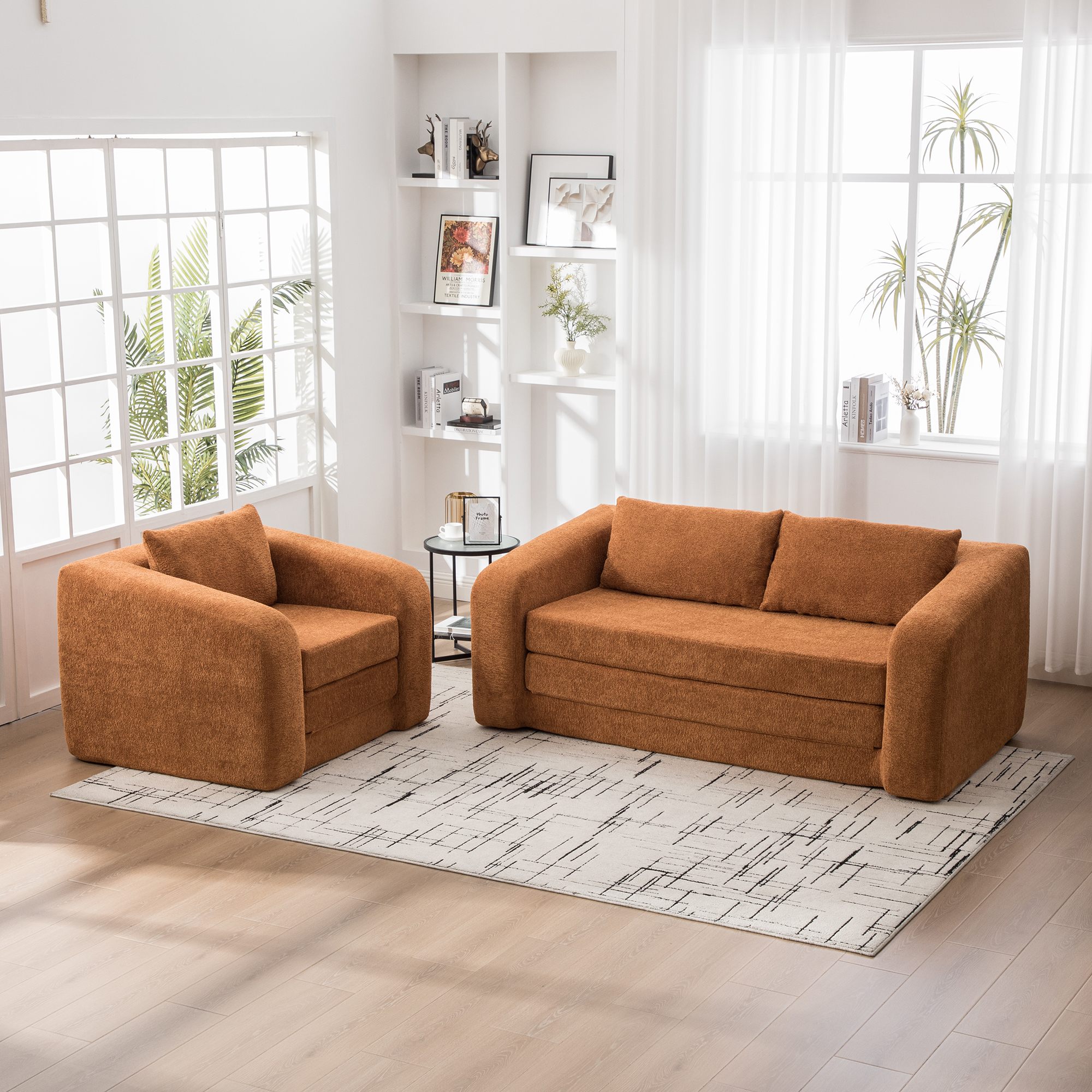 2-Piece Foldable Sofa Bed Living Room Couch Set, Convertible Chenille Boneless Cloud Floor Mattress Sleeper Lounge Accent Chair with Pillow for Apartment Living Room Bedroom Dorm Guestroom, Orange