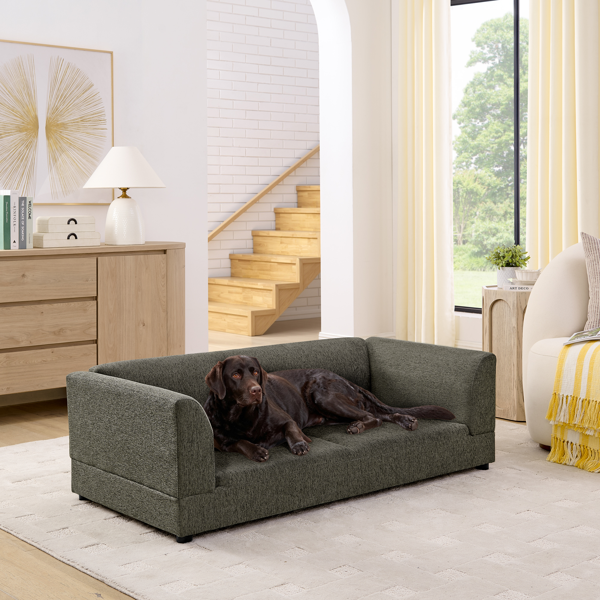 Comfortable Oversized Pet Sofa for Medium/Large Dogs – Modern Rectangular Design with Backrest, Armrests & Soft Cushion -Dark Gray(56.5″*26″*17″)