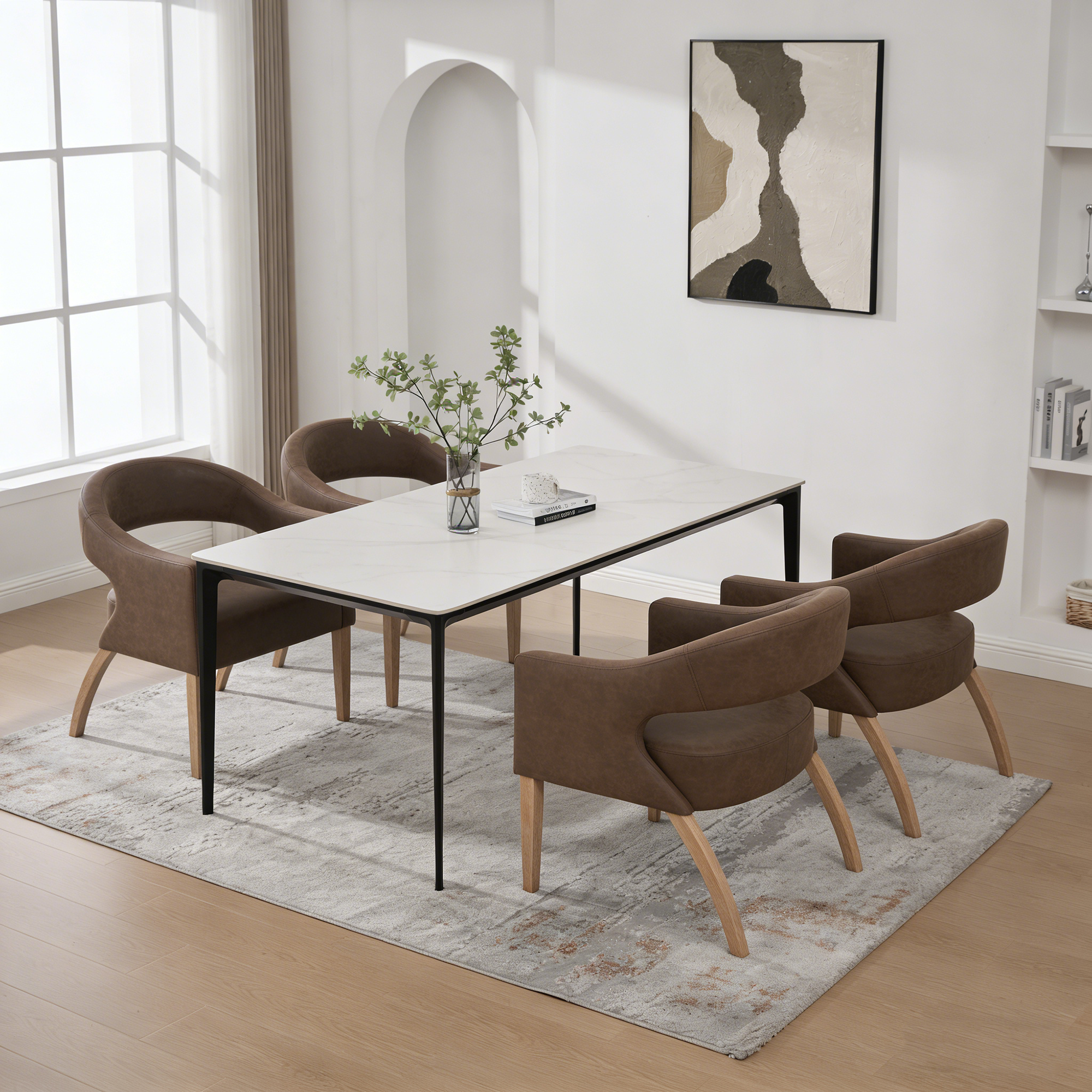Modern PU Open Back Dining Chair Set of 4, Barrel Accent Armchair with Weathered Rubberwood Legs, Hollow-Out Club Kitchen Chair for Living Room Bedroom Restaurant Cafes Dining Room Reception,Coffee