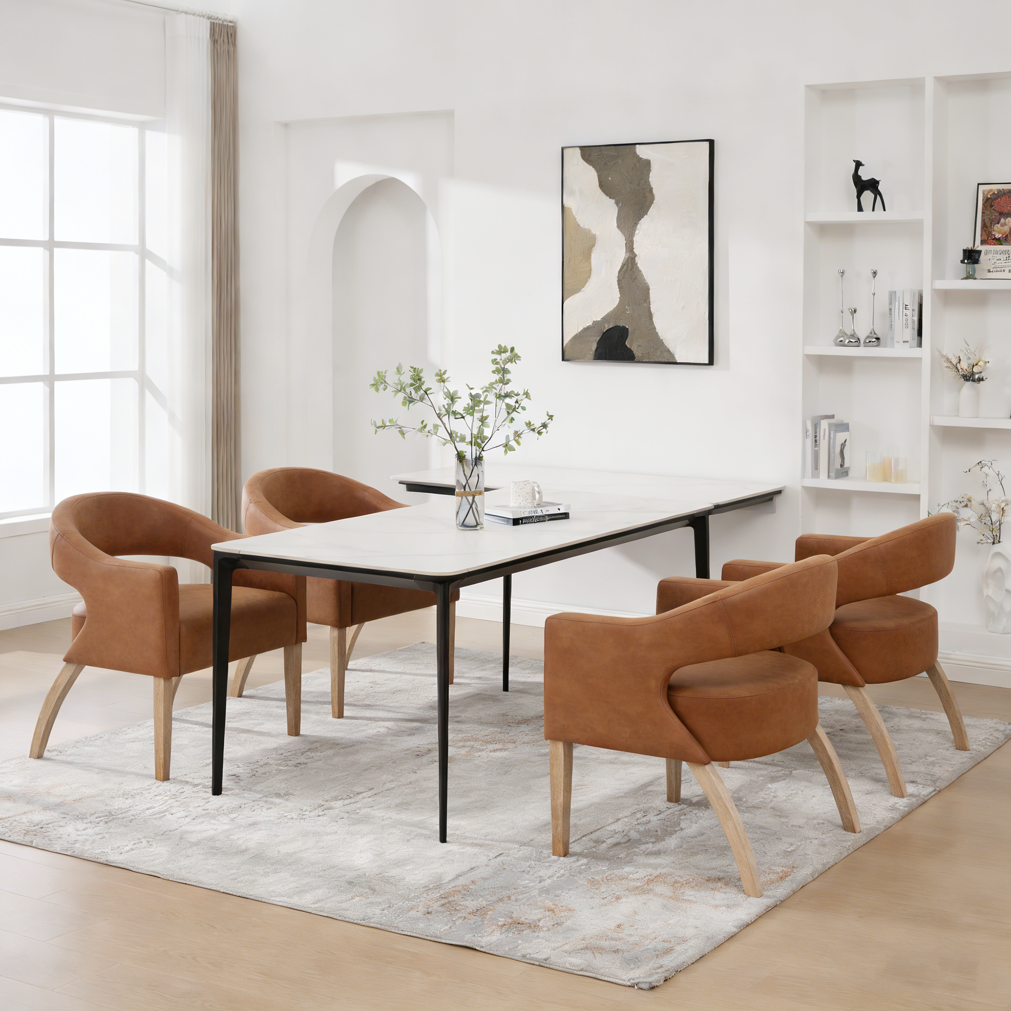 Modern PU Open Back Dining Chair Set of 4, Barrel Accent Armchair with Weathered Rubberwood Legs, Hollow-Out Club Kitchen Chair for Living Room Bedroom Restaurant Cafes Dining Room Reception,Brown