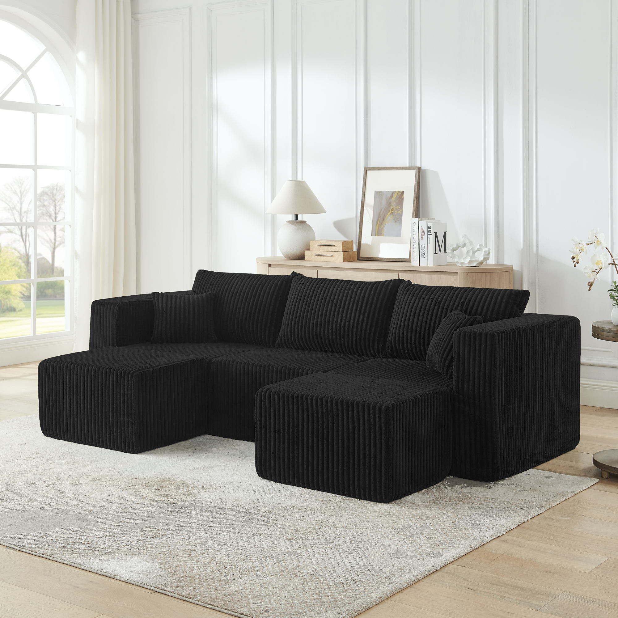 Compact modular sectional,Compressed Corduroy Sofa with Modern Minimalist Style, Ultra-Comfy Compression Modular Sofa with Space-Saving Efficient Design-Black