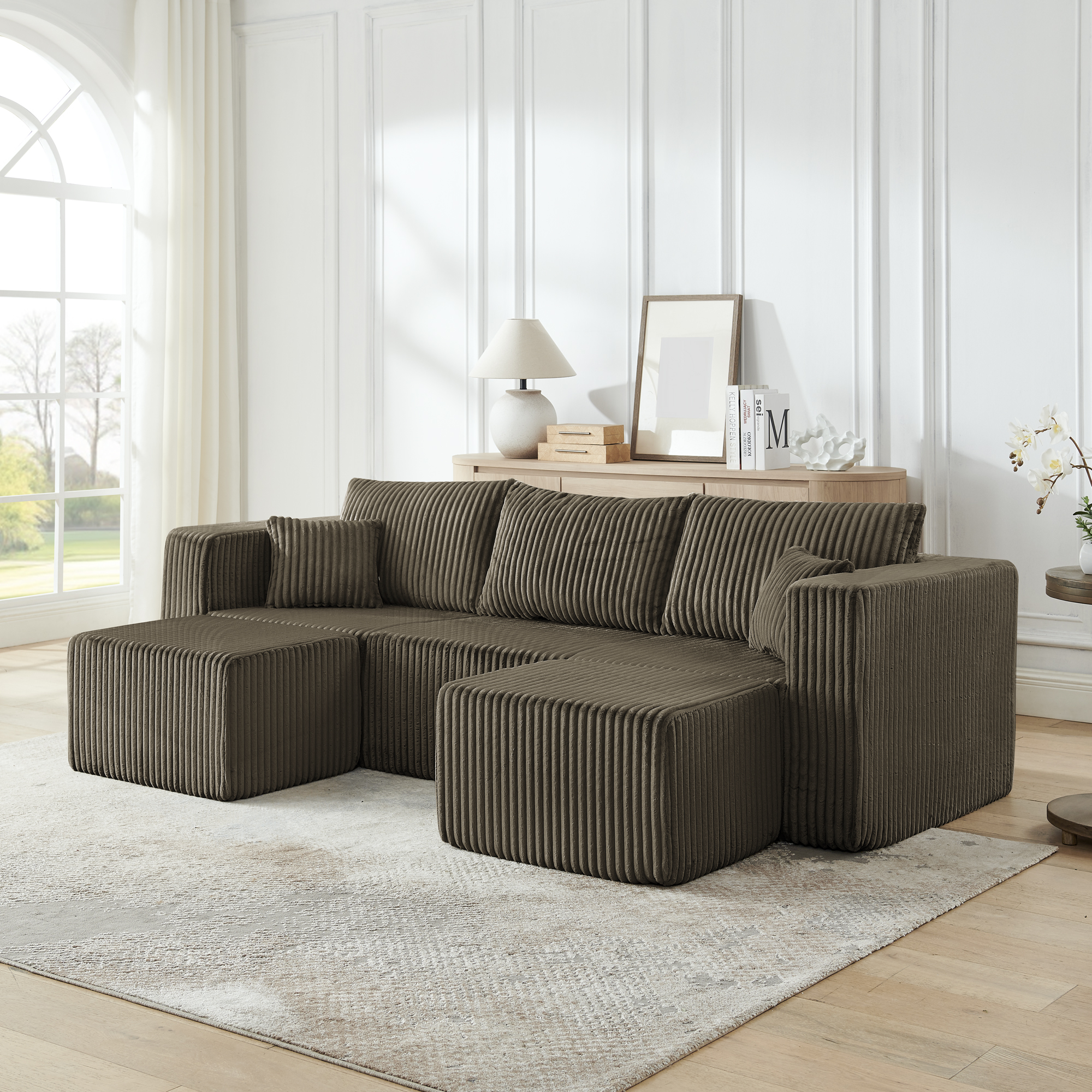 Compact modular sectional,Compressed Corduroy Sofa with Modern Minimalist Style, Ultra-Comfy Compression Modular Sofa with Space-Saving Efficient Design-Brown