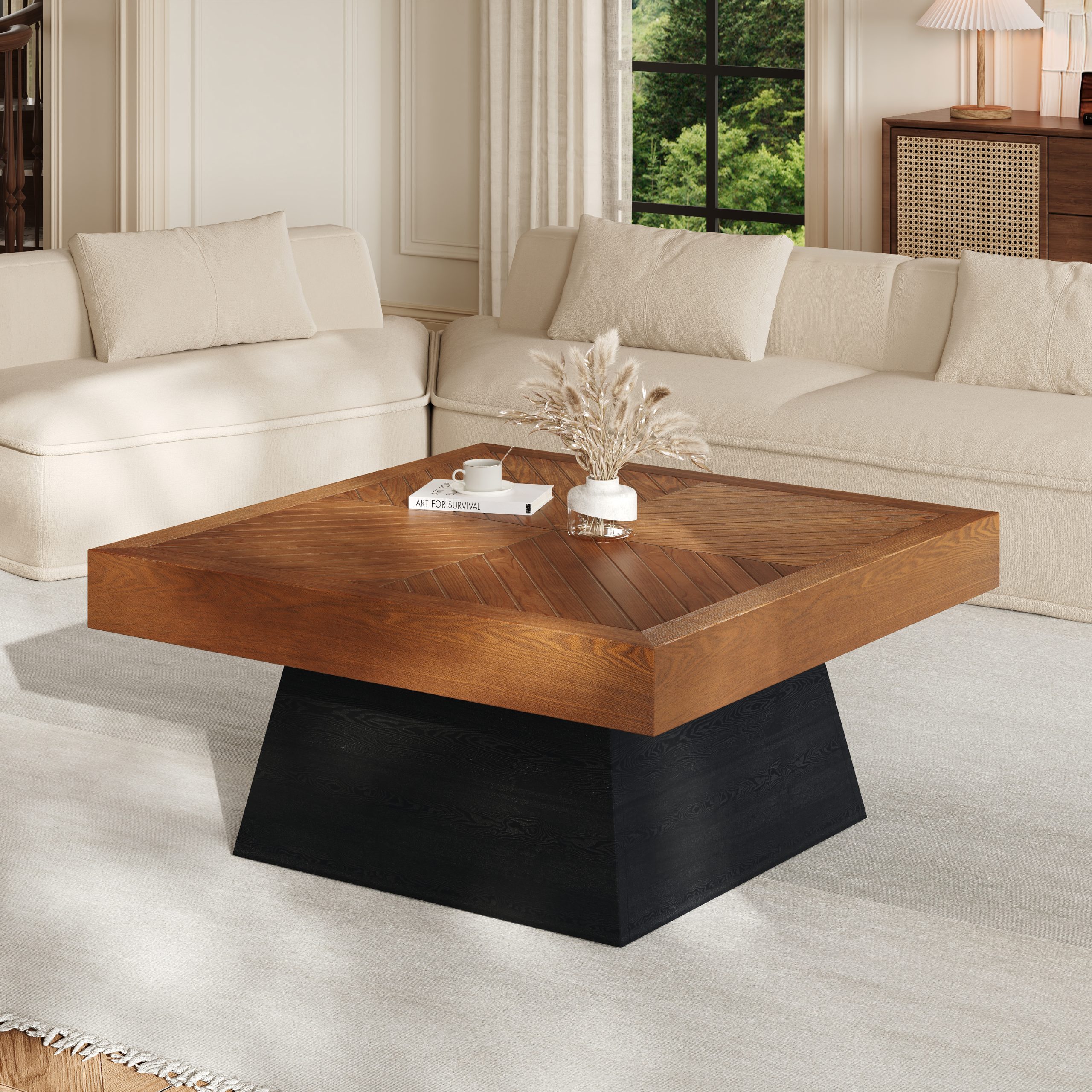 Modern Square Coffee Table for Living Room 31.5 Inch, Brown Wood Grain Top & Black Base, Mid-Century Farmhouse Style Center Accent Table