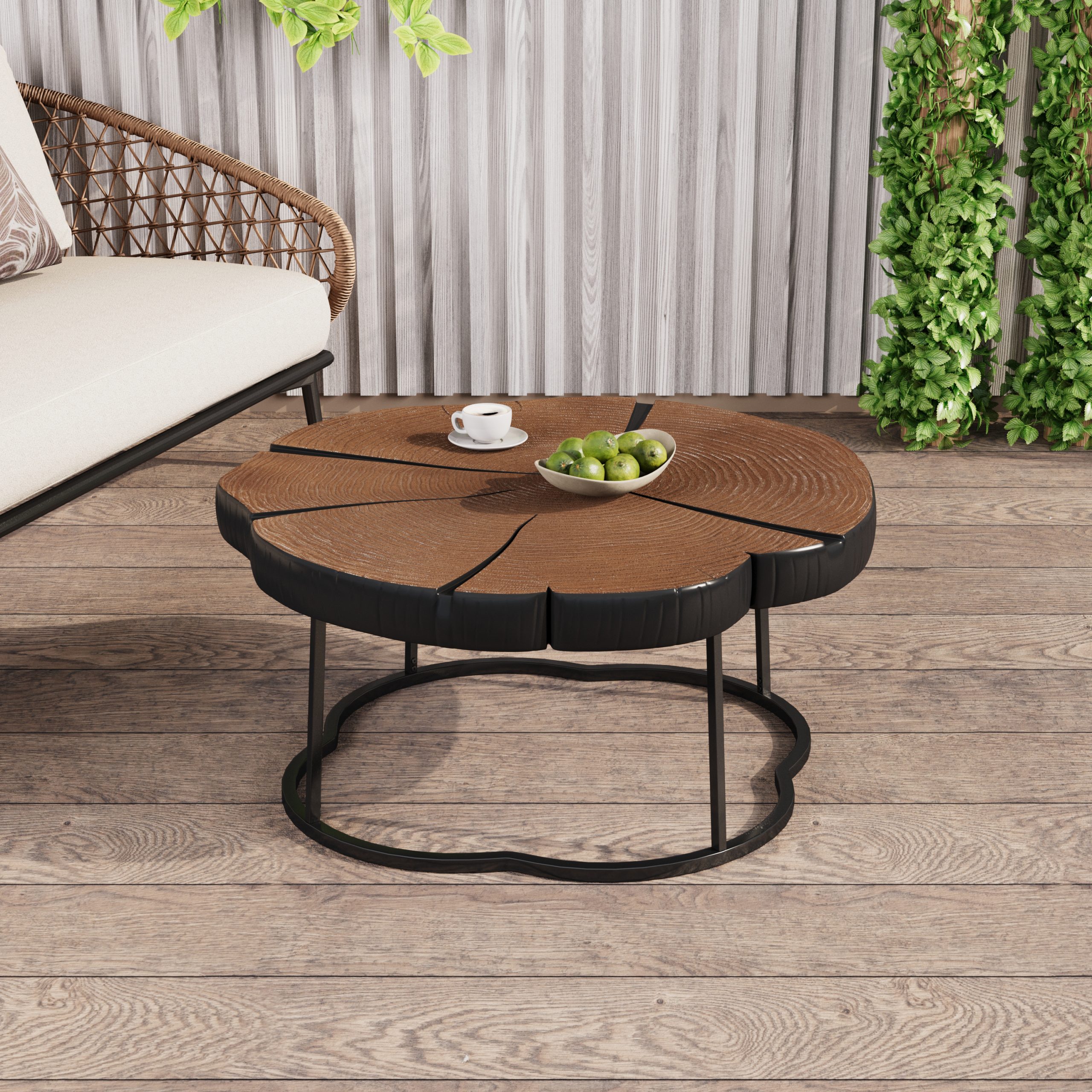 Irregular Coffee Table, 27″ Modern MGO Top with Nature Wood & Black Metal Base, 132 lbs Capacity Industrial Artisan Center Table for Living Room