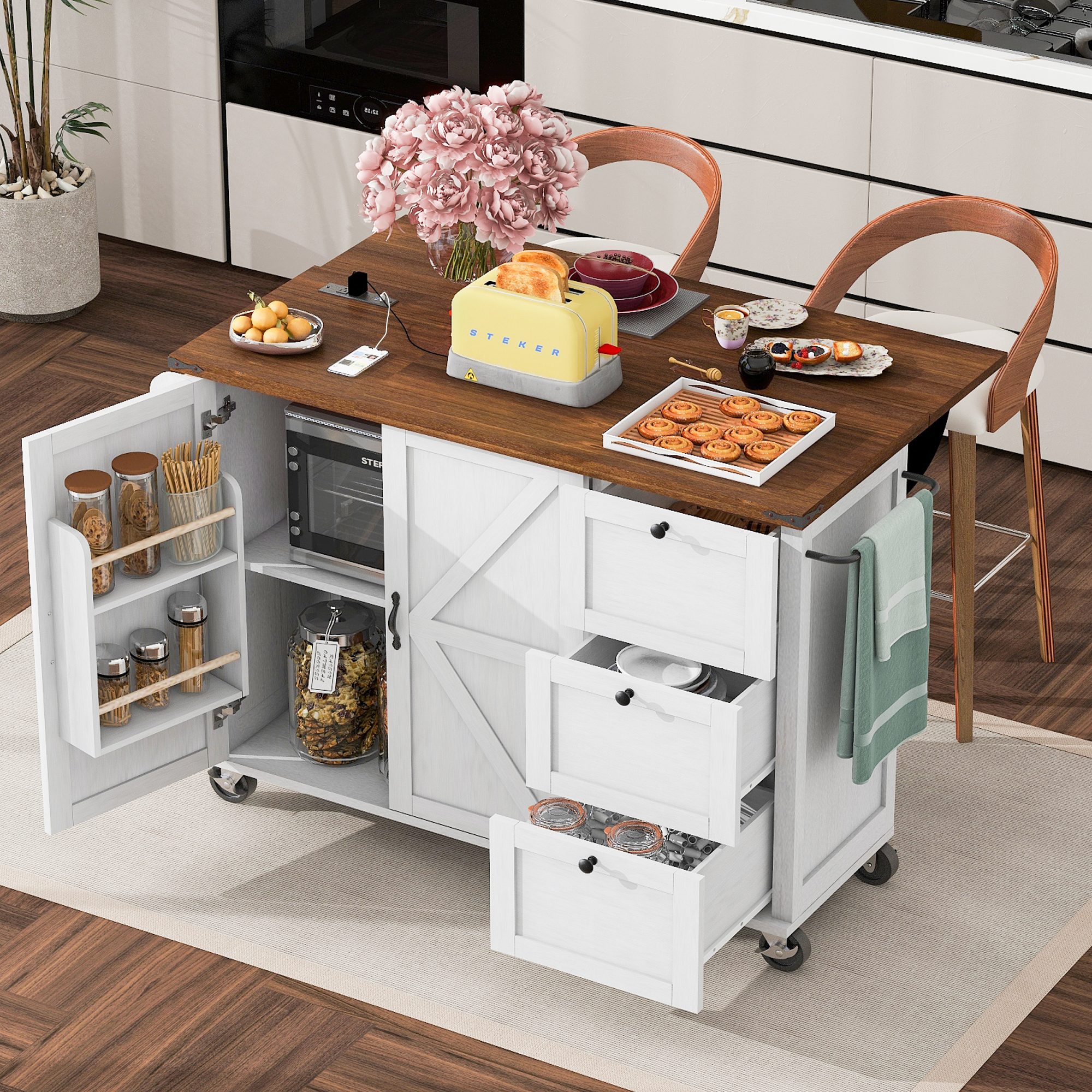K&K 54.5″ Farmhouse Kitchen Island with Power Outlet, Kitchen Storage Island with Internal Storage Rack, Drop Leaf, Spice Rack, Rolling Kitchen Cart on Wheels, for Home, Kitchen and Dining Room,White