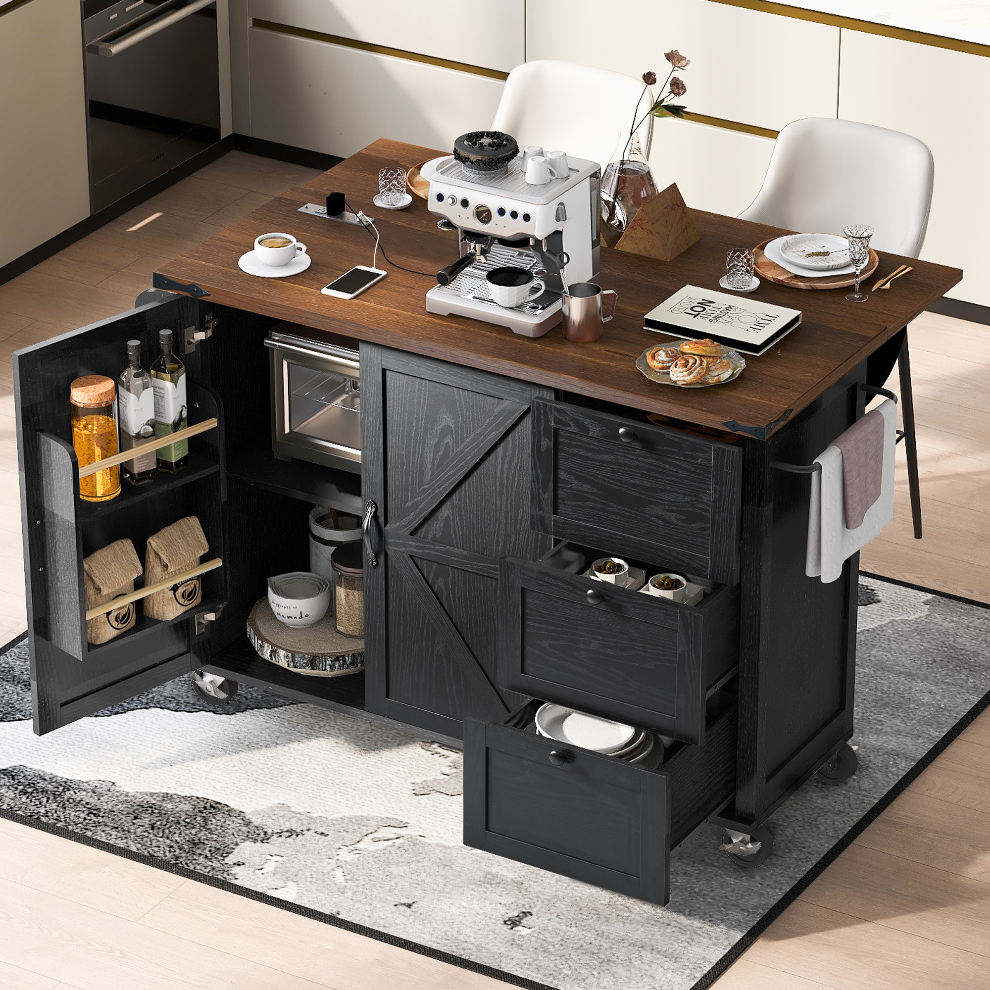 K&K 54.5″ Farmhouse Kitchen Island with Power Outlet, Kitchen Storage Island with Internal Storage Rack, Drop Leaf, Spice Rack, Rolling Kitchen Cart on Wheels, for Home, Kitchen and Dining Room,Black