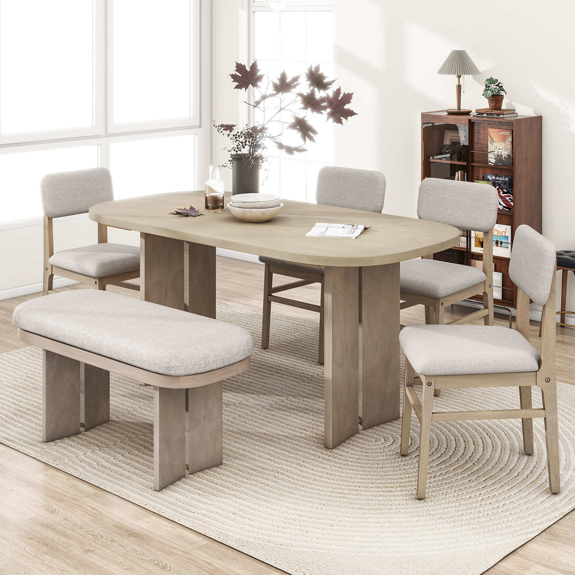 TOPMAX Solid Wood Dining Table Set with Bench – 6-Piece Upholstered Rectangular Dining Room Table Set with Bench, 2-Color Modern Farmhouse Kitchen Furniture for Family Gatherings,Natural