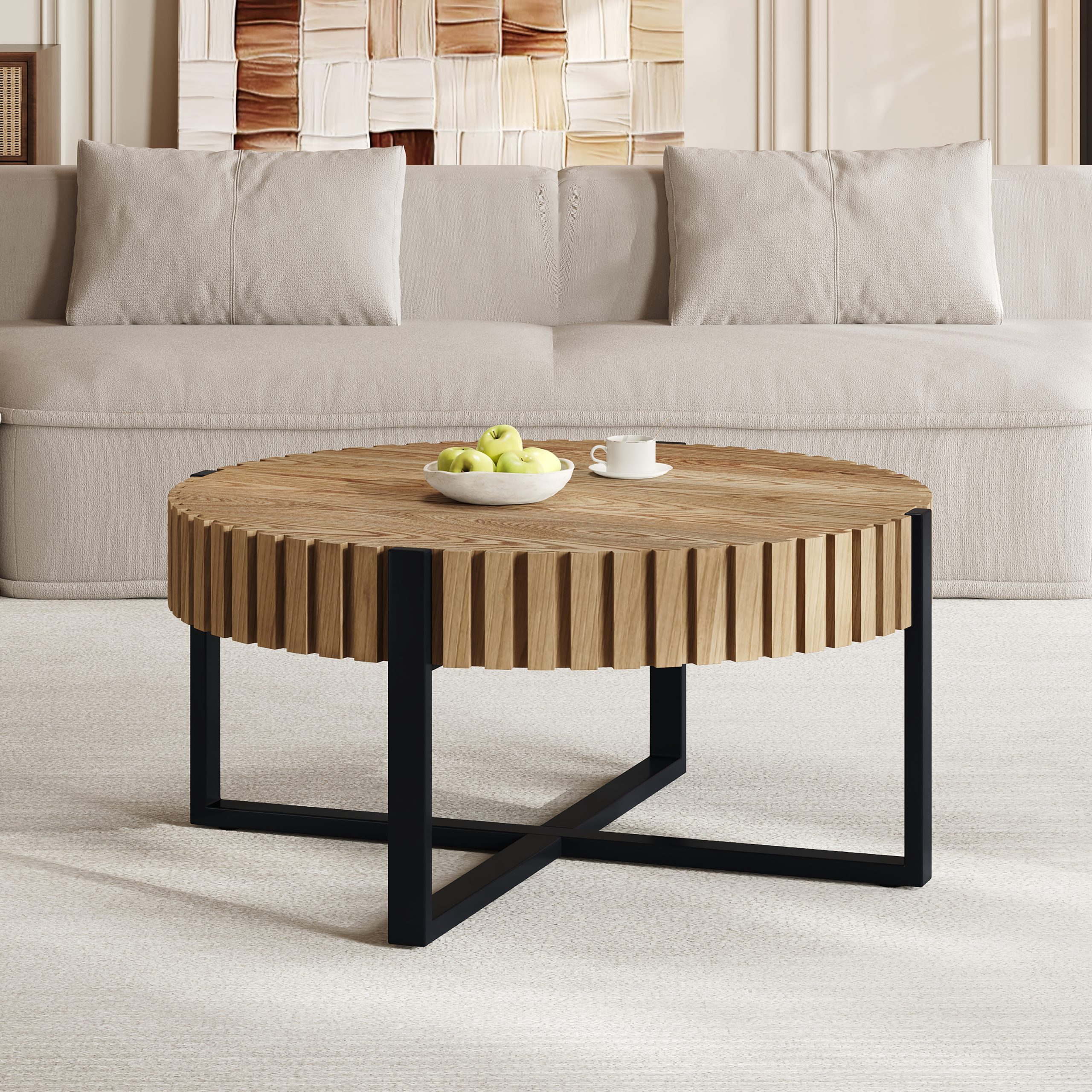 Round Coffee Table, Handcraft Drum Coffee Table with Gear Design & Cross Metal Base, Wood Grain MDF Top, 31.5″ Modern Compact Coffee Table for Living Room Apartment