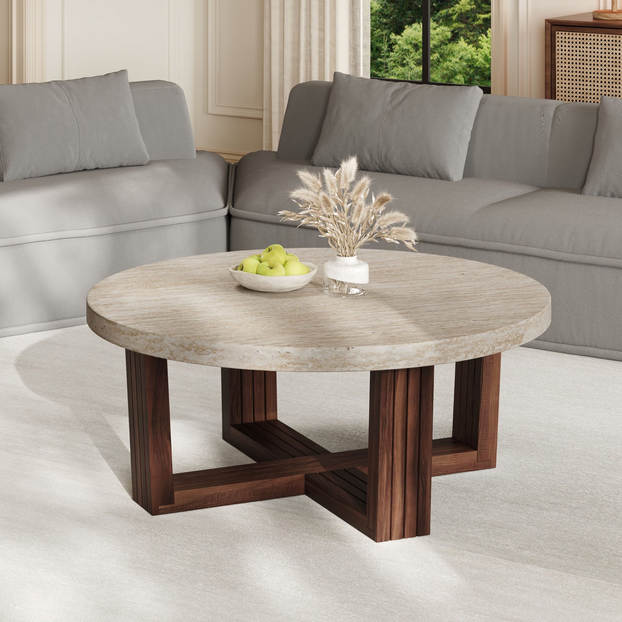 Round Coffee Table 31.5 Inch Marble Pattern Top & Cross Brown Base, Modern Center Table for Living Room with Natural Wood Grain