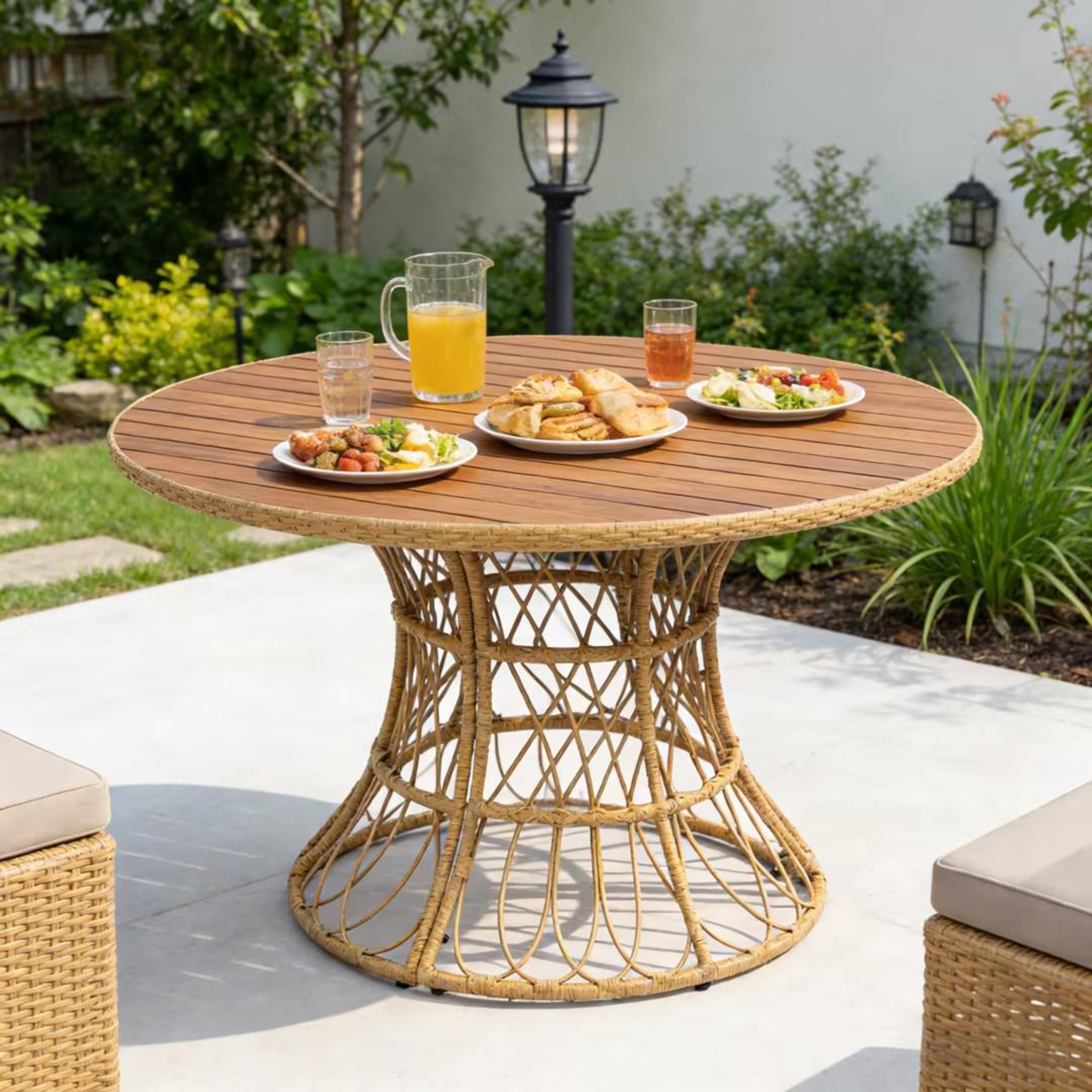 Durable Outdoor Dining Table – Round Acacia Wood Top & Wicker Base, Teak Finish Patio Table for 4 – 6, Garden Outdoor Furniture (Compatible with Matching Chairs)