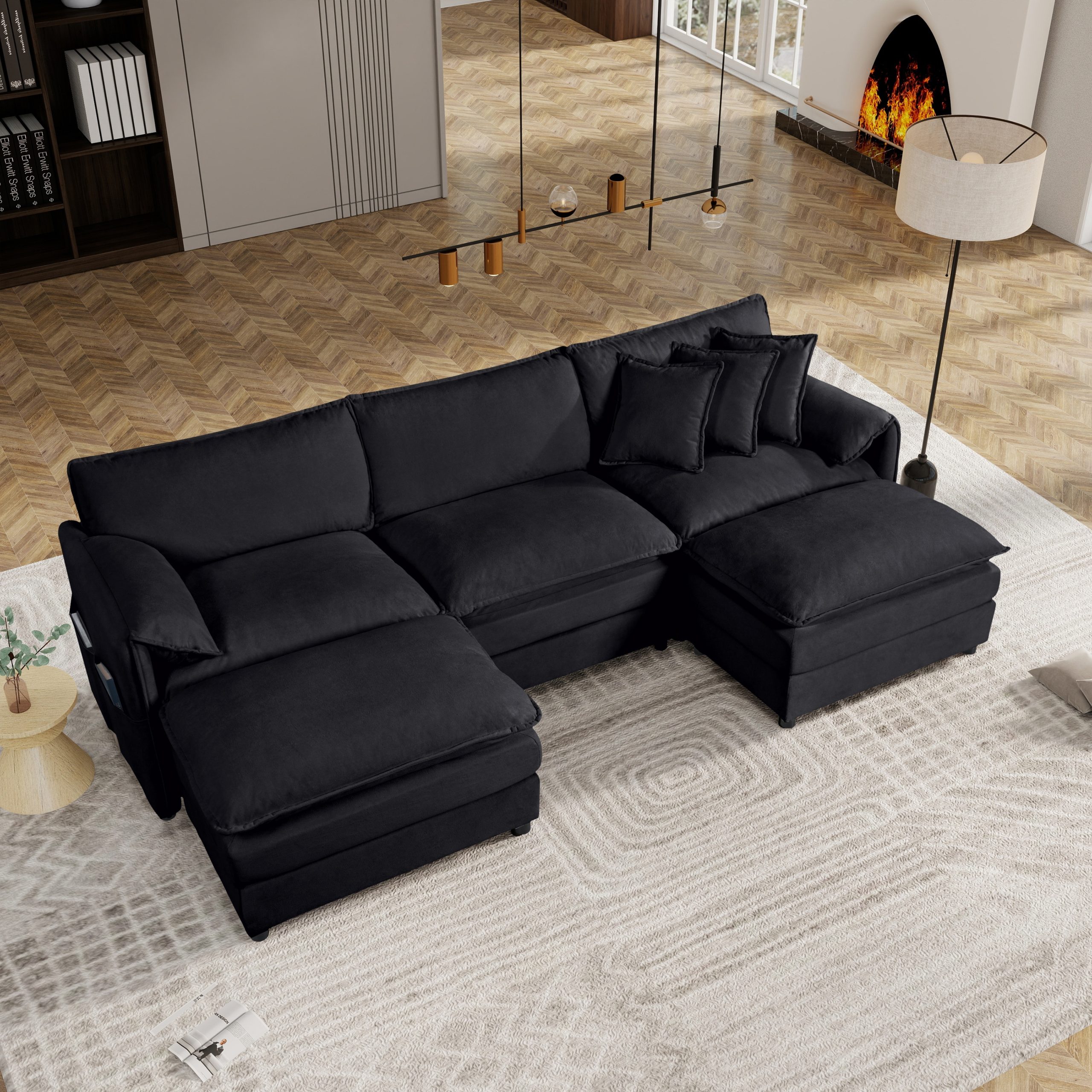 (Old:W3163S00024) Modular Sectional Sofa, Oversized Deep Seat U Shaped Couch Set for Living Room, 3-Seater Comfy Cloud Couches with 2 Movable Ottomans, DIY Combination, Chenille,Black
