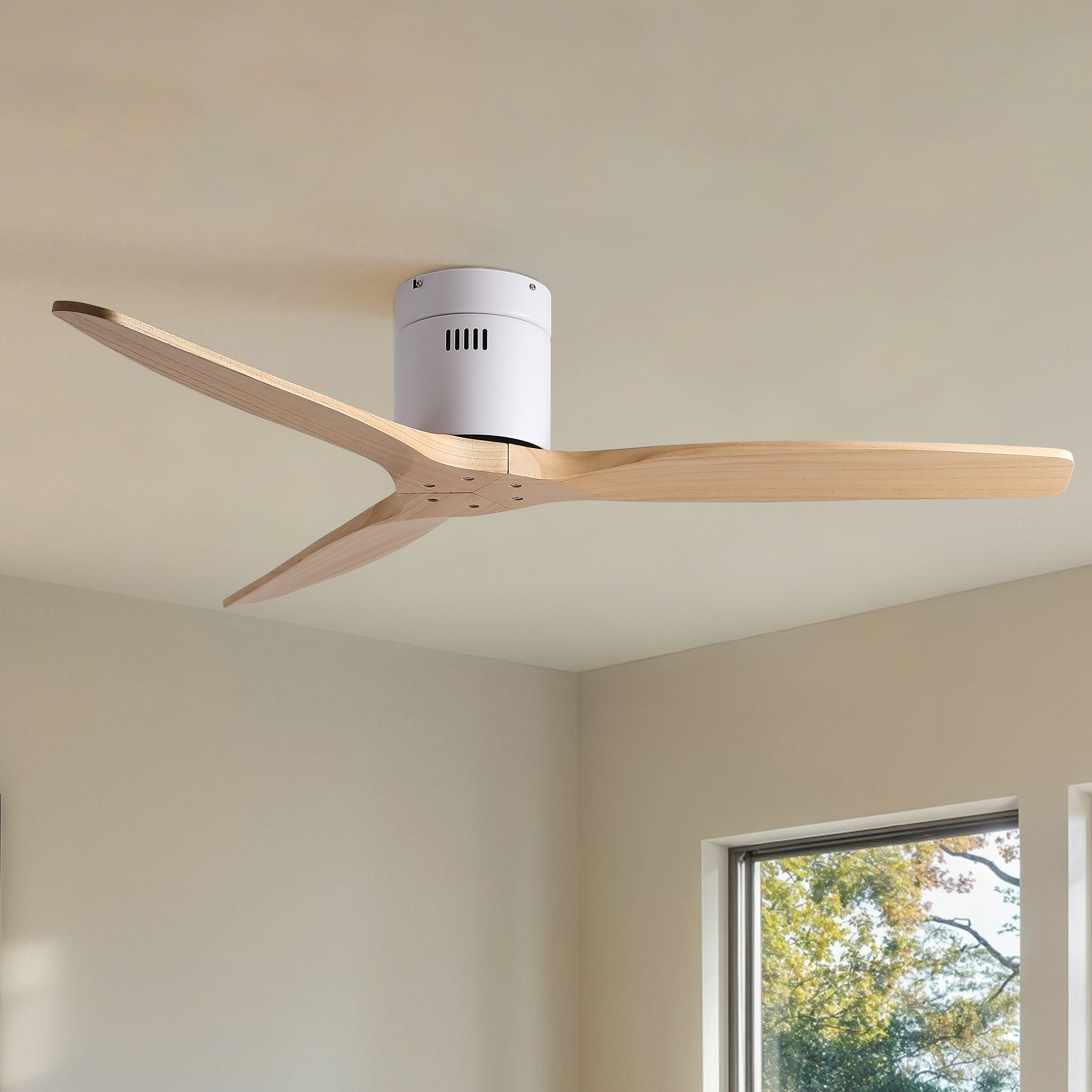 52 inch American Mordern Cozy Vibrant Natural Style Solid Wood Low Profile Flush Ceiling Fan without Light