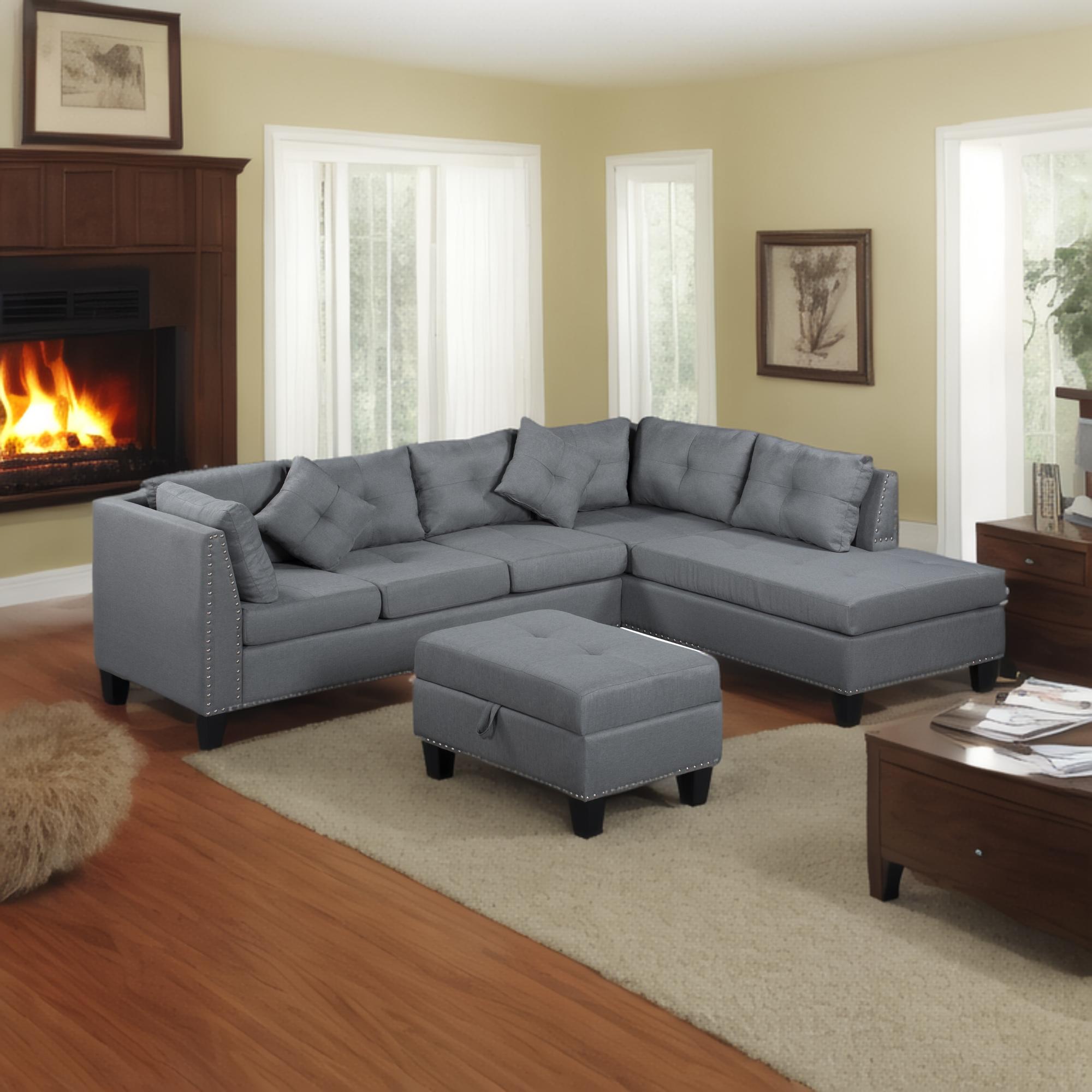 104.5″ Upholstered Sofa,Chaise & Ottoman , Gray