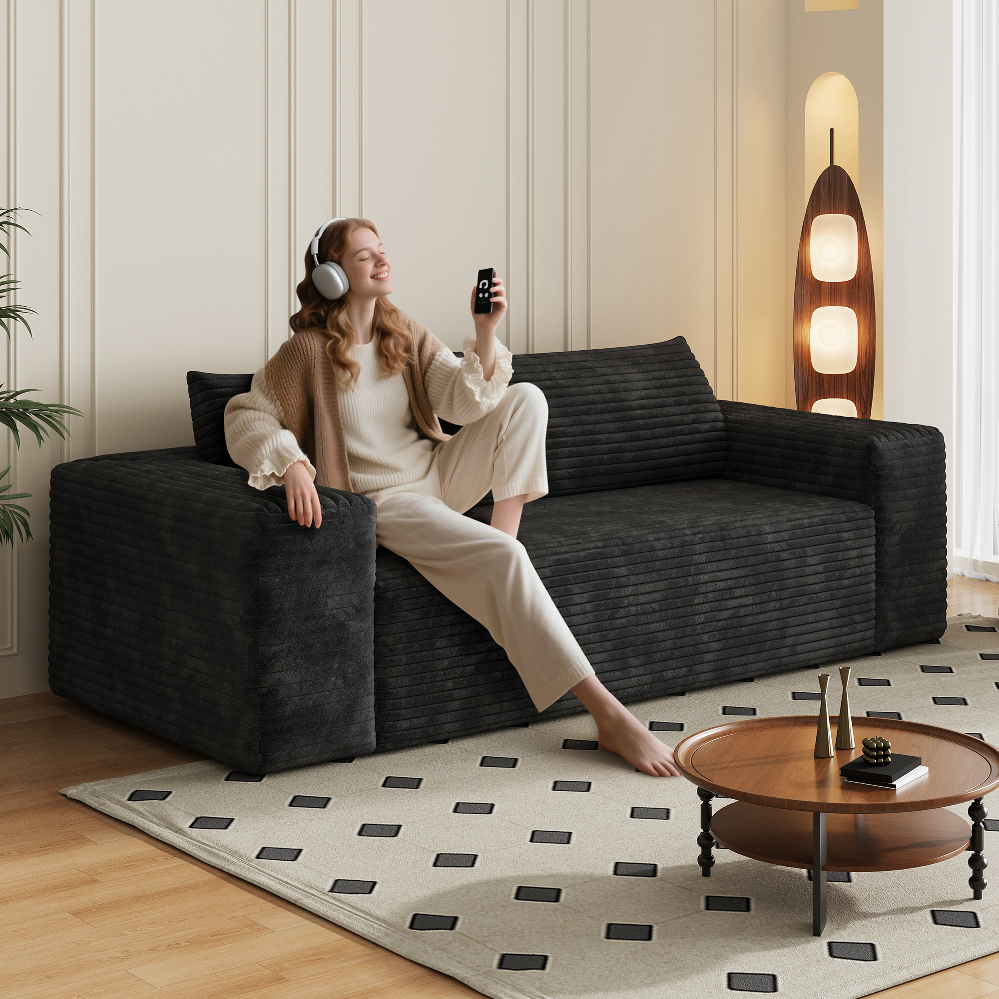 78.8″ 3Setaser Sofa,Corduroy Fabric,Deep Seat Couches,Comfy Loveseat Sofa,No Assembly,1pcs for Living room, Bedroom,Conference room ,Apartment,Black