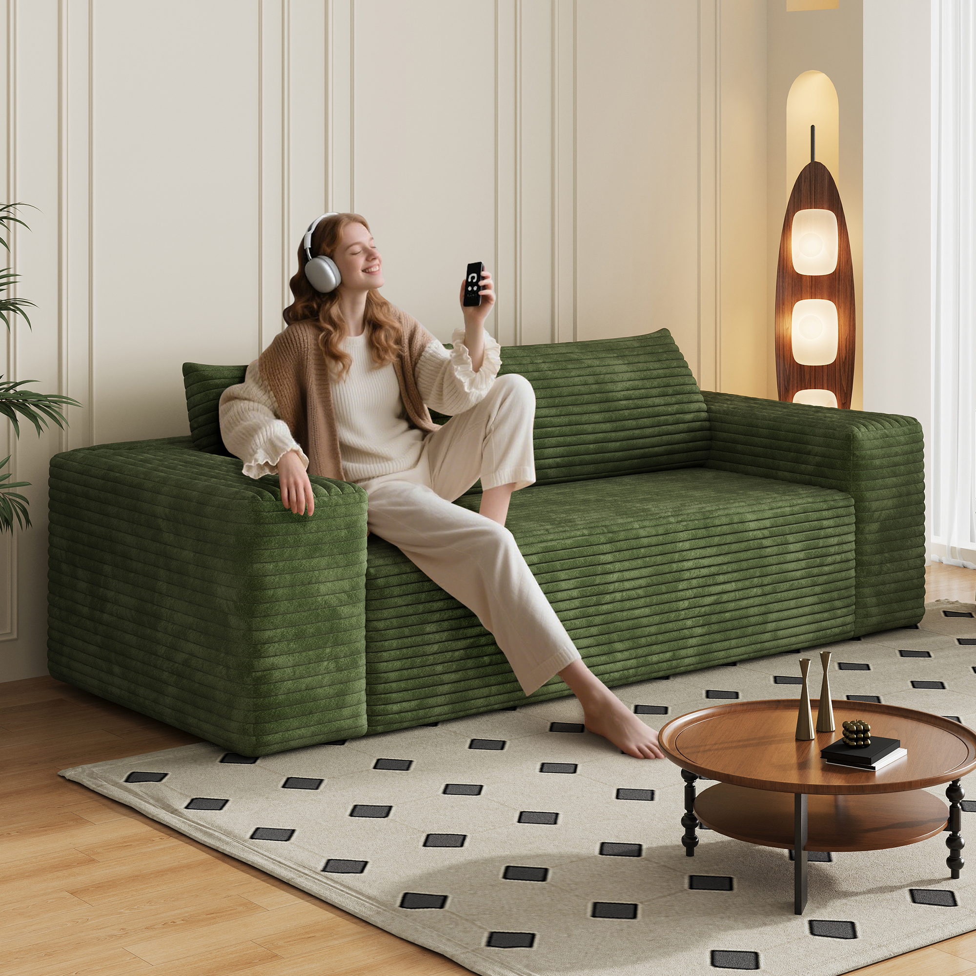 78.8″ 3Setaser Sofa,Corduroy Fabric,Deep Seat Couches,Comfy Loveseat Sofa,No Assembly,1pcs for Living room, Bedroom,Conference room ,Apartment,Green
