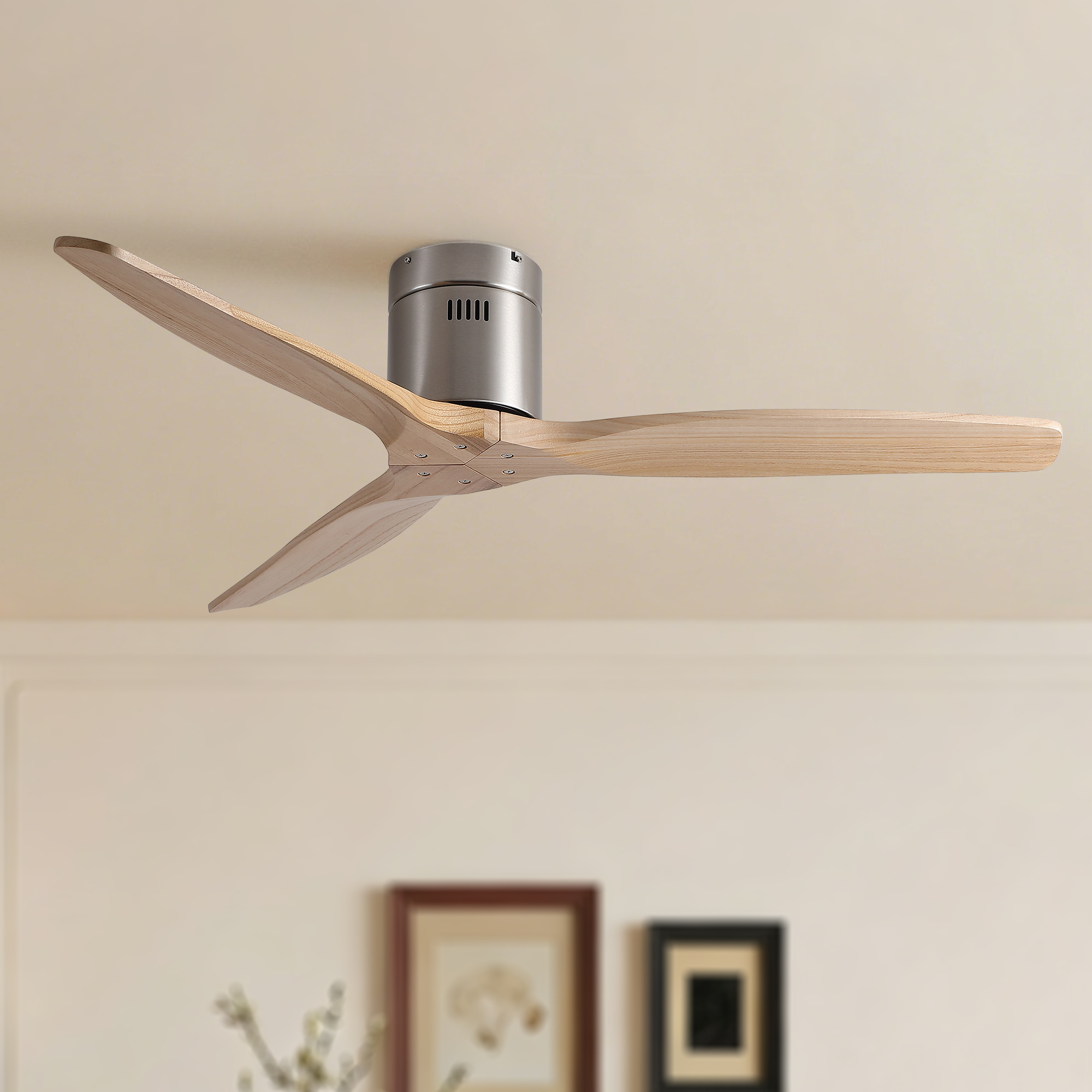 52 inch Mordern Natural Style Rustic Elegance Brushed Nickel Light Yellow Solid Wood Blades Low Profile Flush Mount Ceiling Fan without Light