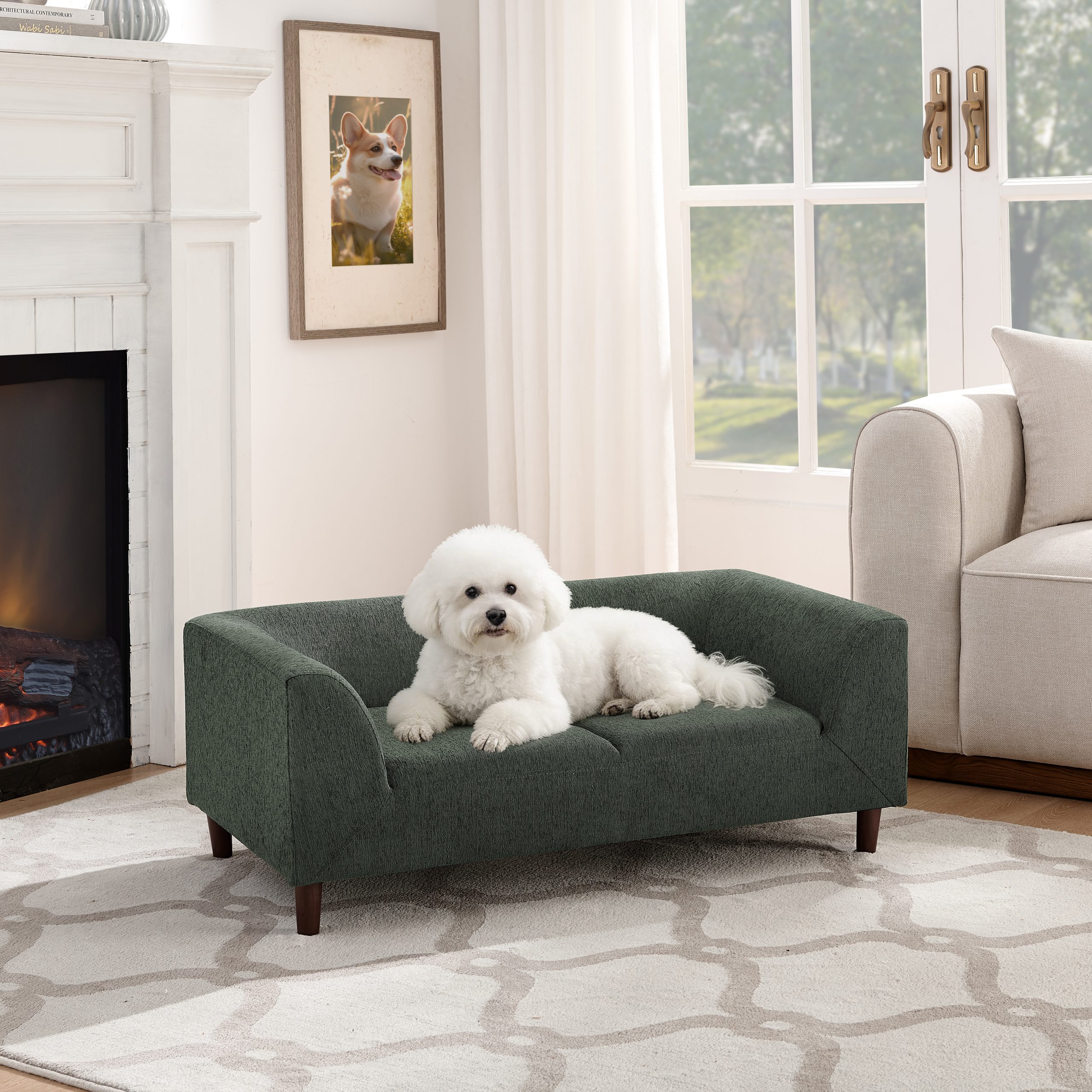 Pet sofa with backrest and armrests, modern rectangular pet sofa suitable for small and medium dogs, soft cushion comfortable dog sofa,-OLIVE GREEN