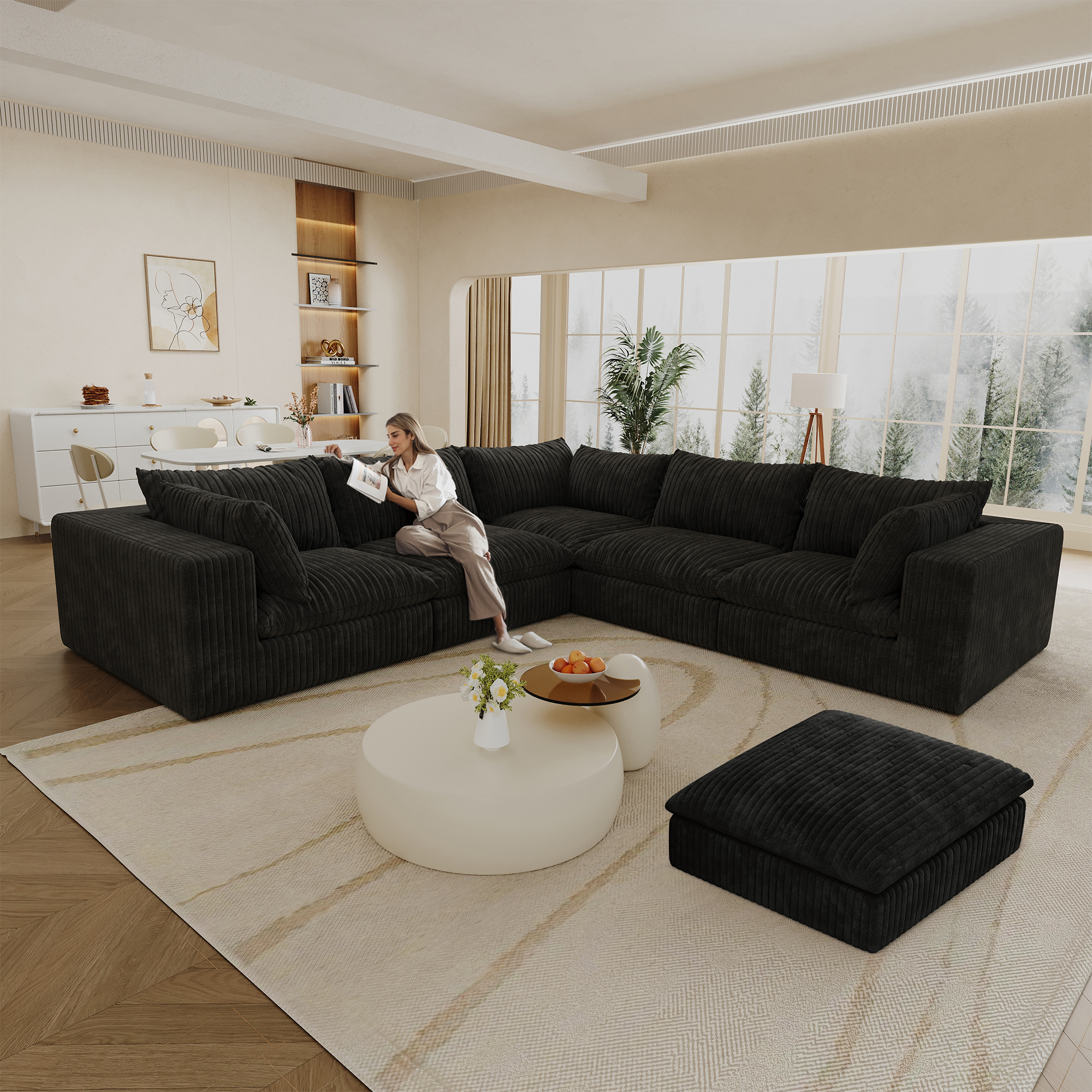 118.2″ Cloud Sofa,Corduroy Fabric,Deep Seat Couches,Double-layer design,Removable Cushion,No Assembly, DIY Combination for Living room, Bedroom,Conference room ,Apartment,BLACK