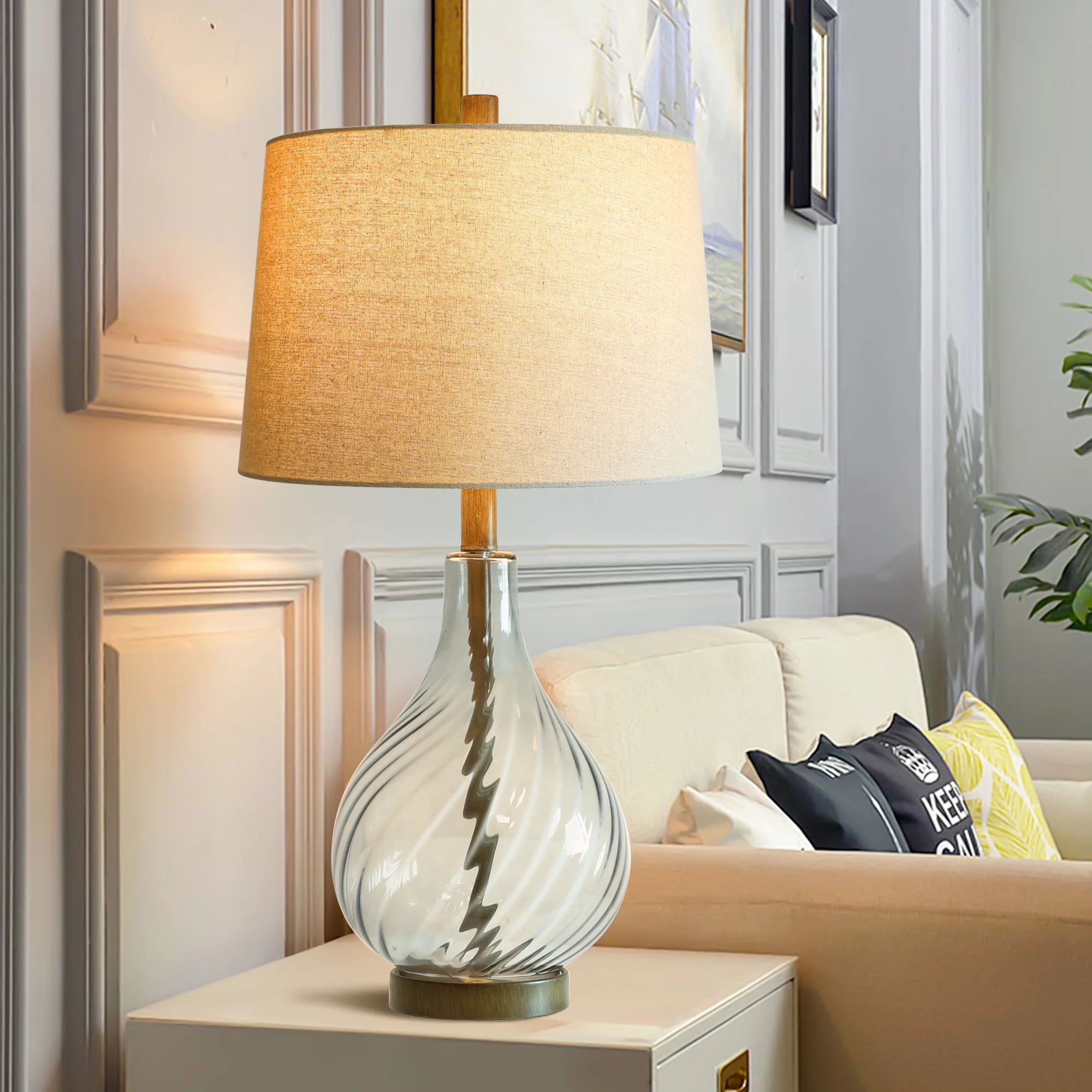 28in Clear Spiral Glass Industrial Table Lamp, Bedside Lamp with Linen Lampshade Rotary Switch, Nightstand Light for Living Room, Bedroom, Office