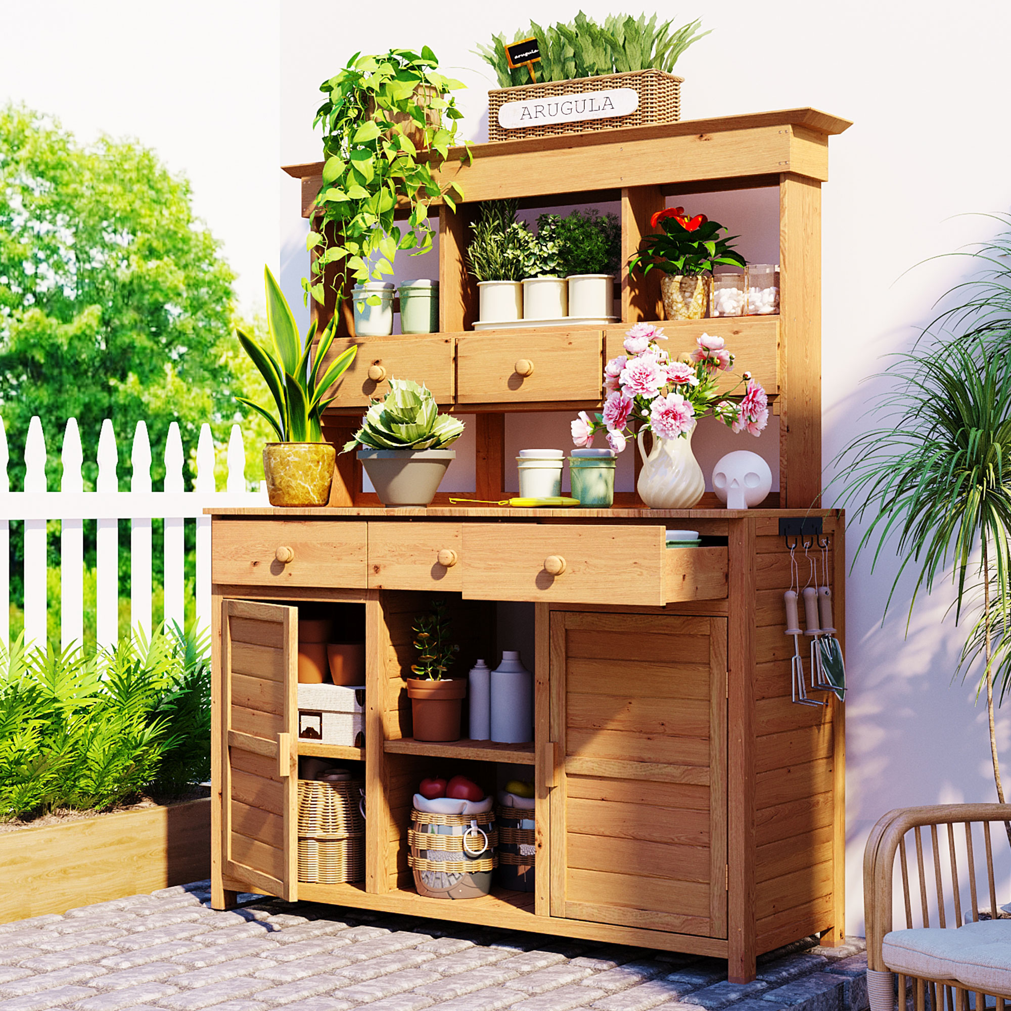 [Assembly Video Provided] TOPMAX 65.7” H Tall Garden Potting Bench Table with Hutch,Patio Storage Workstation with 3 Shelves,6 Drawers,2 Bottom Cabinets&Side Hooks for Mudroom,Doorway, Natural