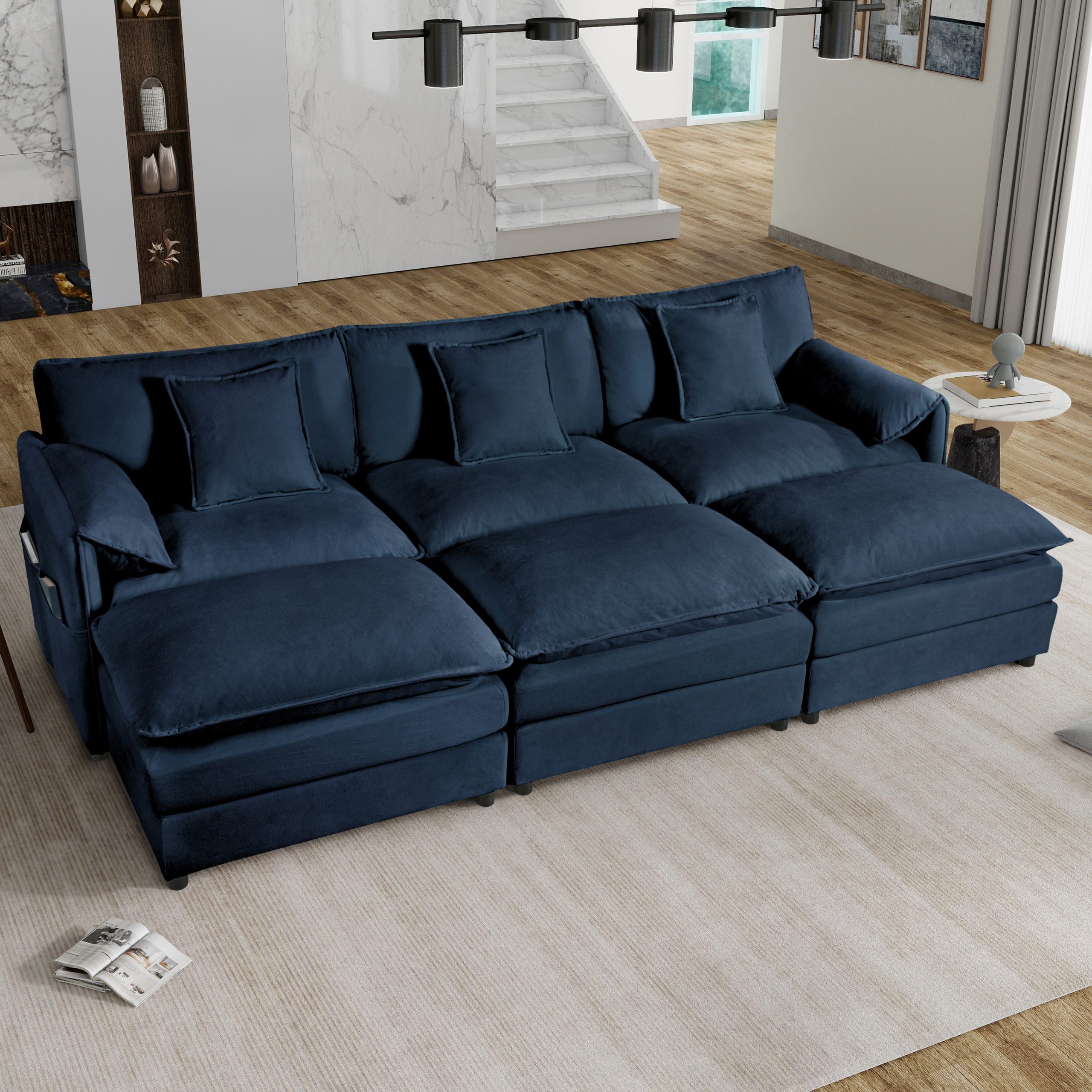 (Old:W3163S00026) Oversized Deep Seat Sectional Cloud Sofa Sleeper with 3 Ottomans & Soft Pillows, Modular Couch Bed for Living Room, Apartment, DIY Combination Chenille,Blue