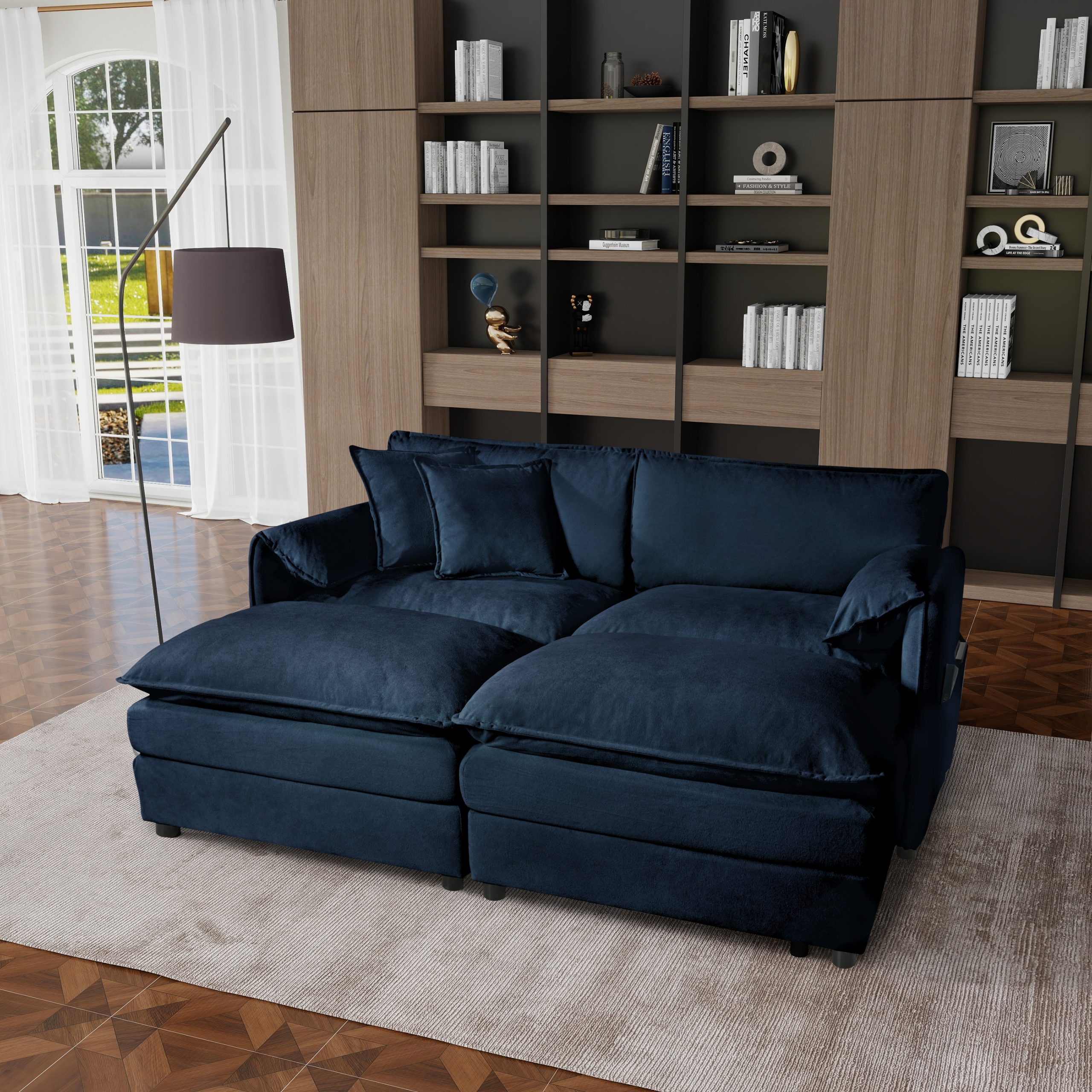 (Old:W3163S00014) Deep Seat Sectional Cloud Sofa with 2 Ottomans & Soft Pillows, Loveseat Modular Couch for Living Room, Apartment,DIY Combination,Blue