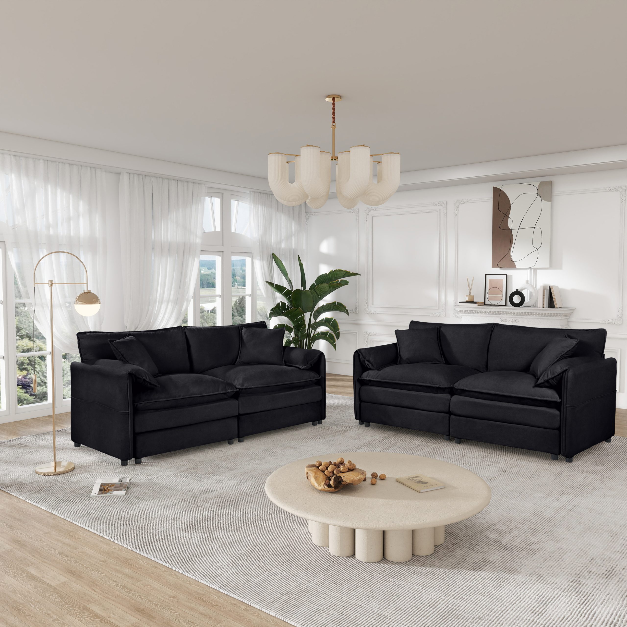 (Old:W3163S00036) Oversized Deep Seat Luxury 2 Piece Sofa Set, 2 Pieces of Loveseat Sofa, Modern Chenille Comfy Cloud Couches Set for Living Room Office with 4 Pillows,DIY Combination,Black
