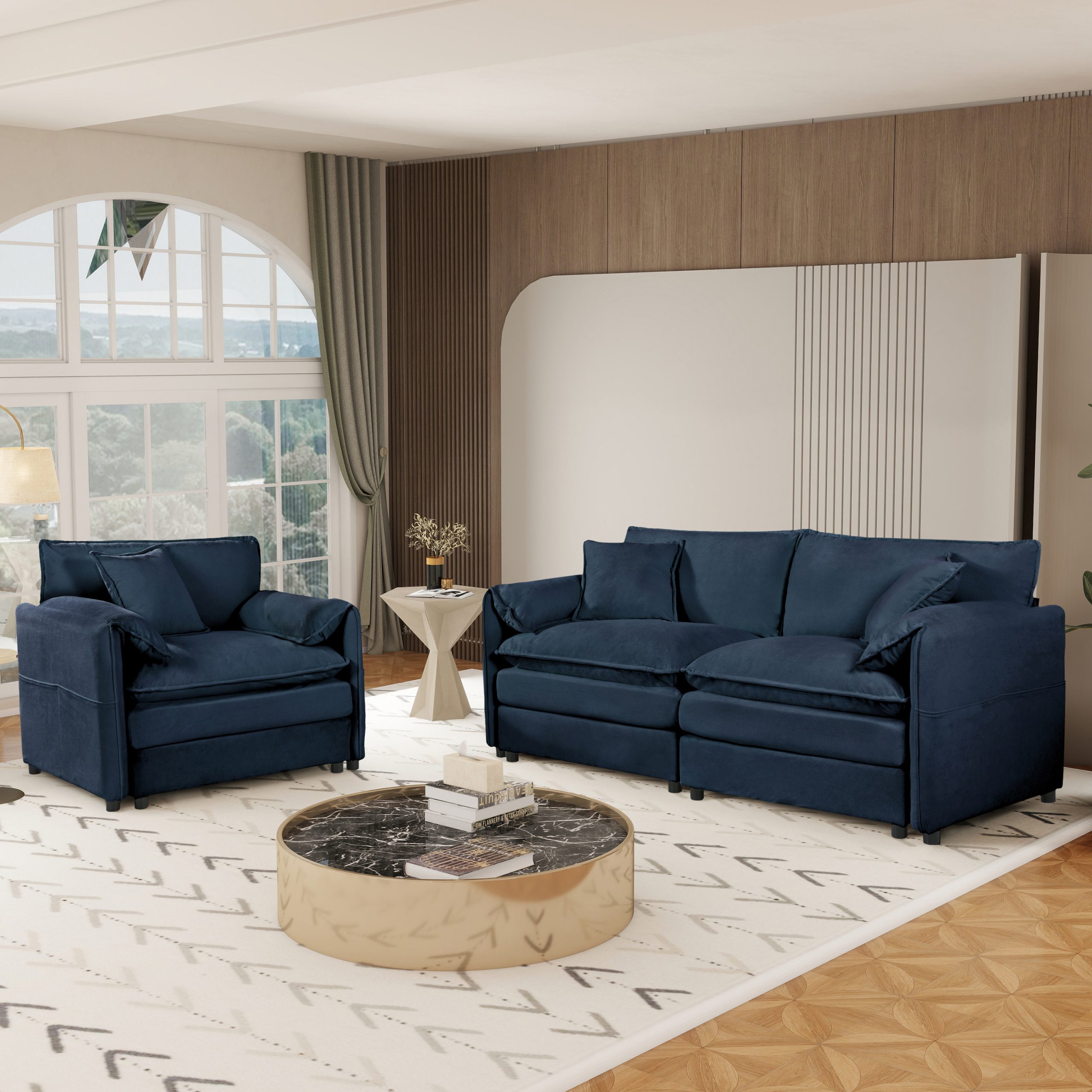(Old:W3163S00032) Luxury 2-Piece Chenille Cloud Loveseat Set with 3 Pillows, Deep Seat Modern Couch & Armchair for Living Room, Bedroom, or Office, DIY Combination,Blue