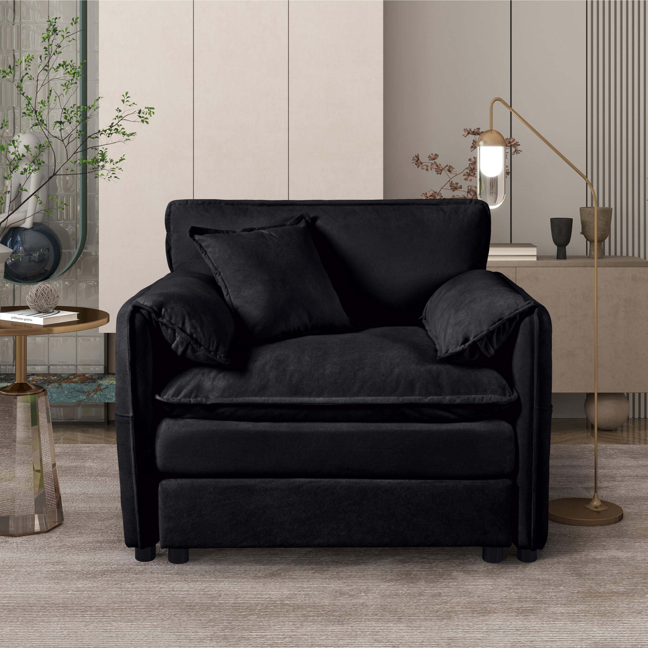 (Old:W3163P269209) Oversized 41.73″ Chenille Armchair with 1 Toss Pillow, Modern Modular Reading Chair for Living Room or Bedroom, Deep-Seat DIY Sectional Sofa,Chenille,Black