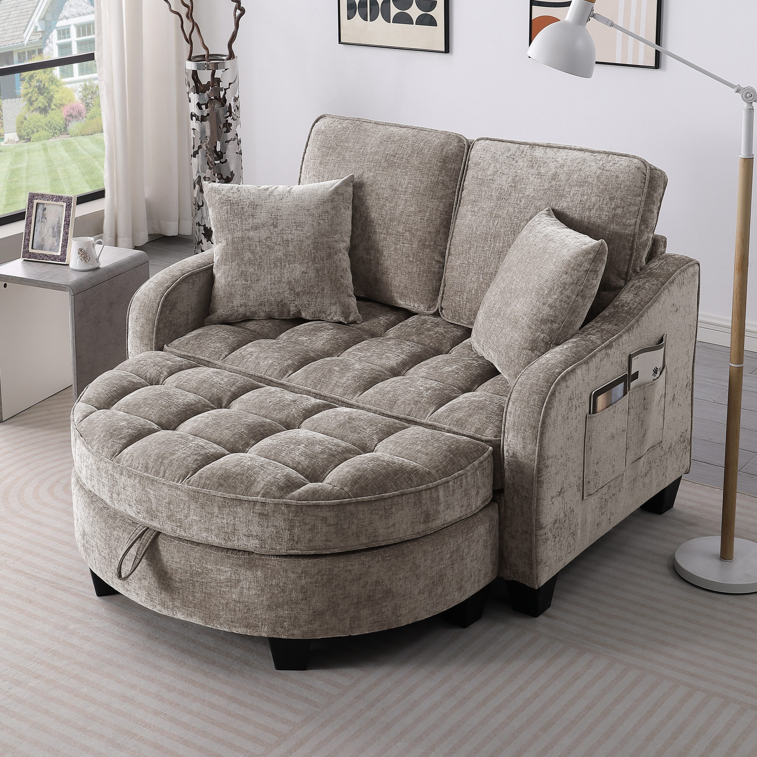 Two-seater sofa, double sofa chaise longue, with irregular armrests and backrests, footrest with storage space, comes with two small throw pillows, suitable for living room and bedroom – Brown