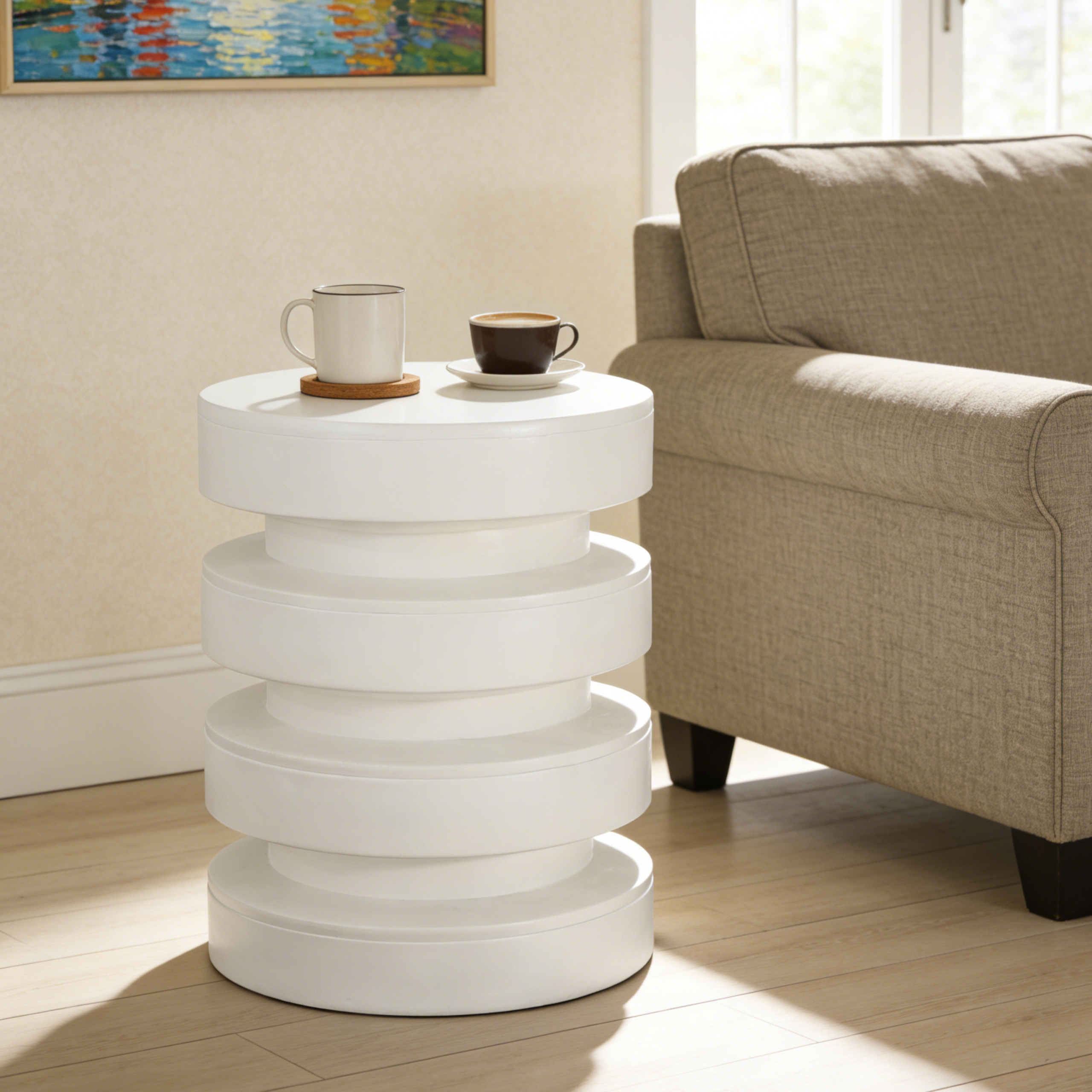 Modern MGO Side Table for Indoor Outdoor, Round End Table with 3-Tier Design, Patio Balcony Living Room Accent Furniture, 14.2″ W x 19.4″ H, White Color