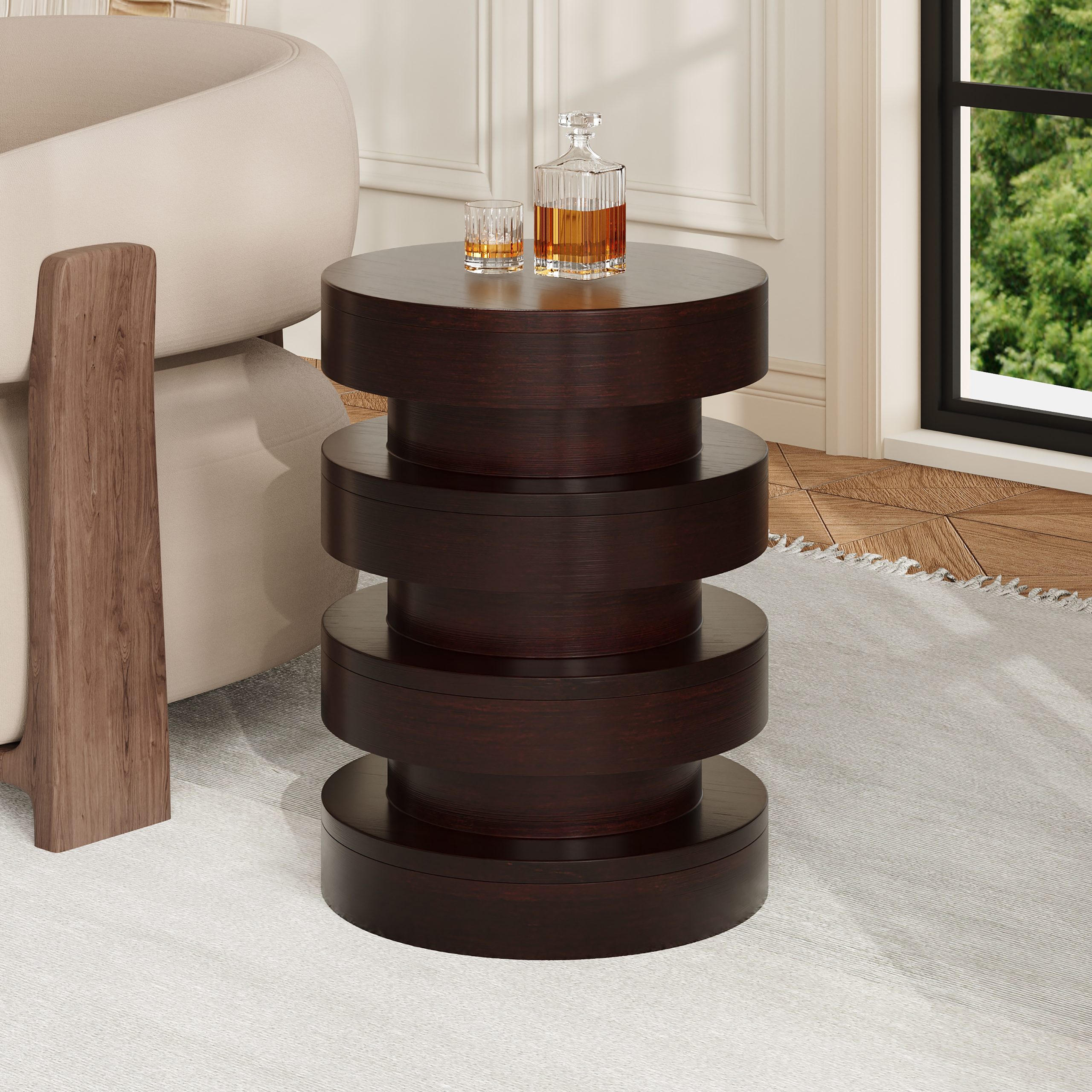 Modern MGO Side Table for Indoor Outdoor, Round End Table with 3-Tier Design, Patio Balcony Living Room Accent Furniture, 14.2″ W x 19.4″ H, Brown Color