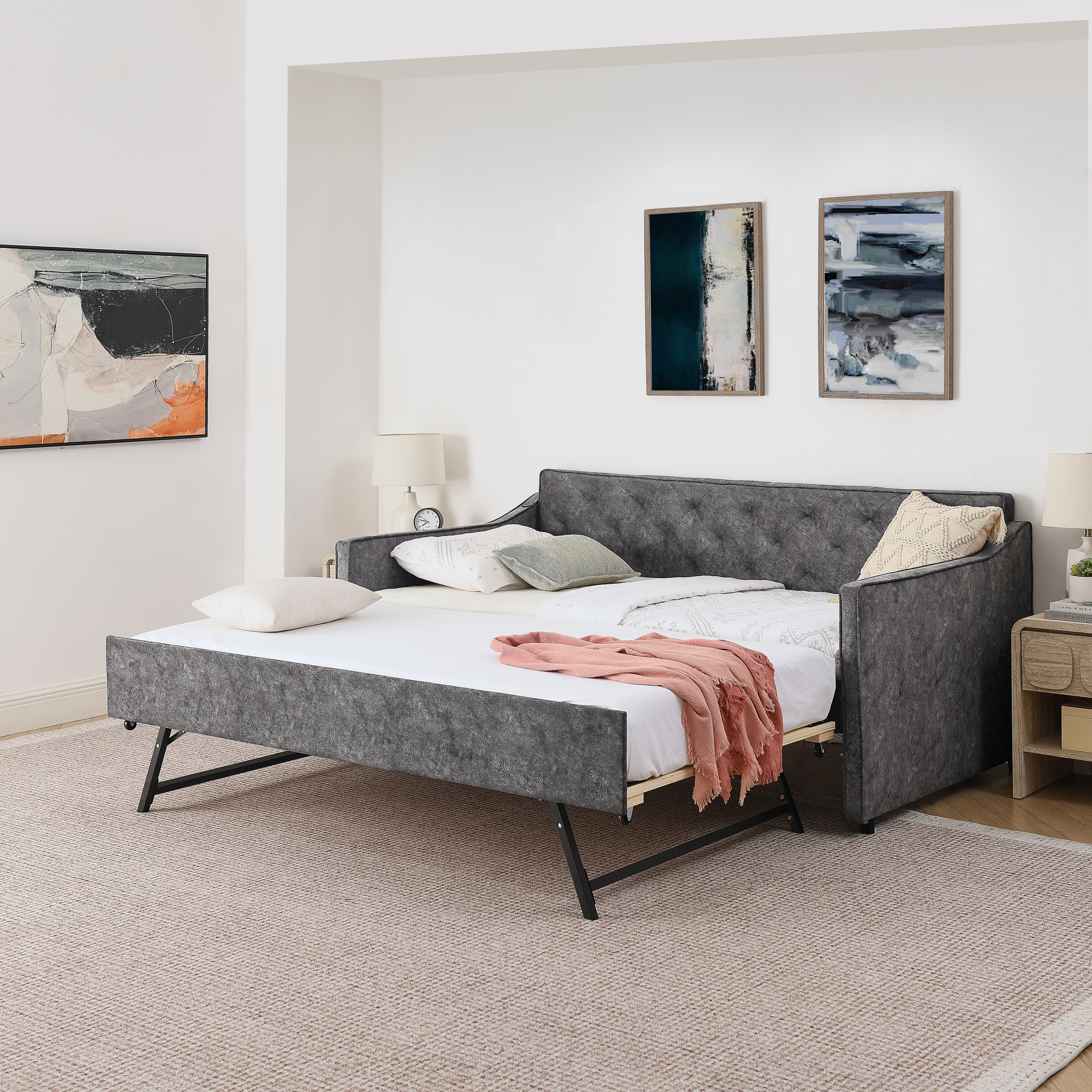 Twin Size Upholstery DayBed with Twin Size Pop-up Trundle and USB Charging Design