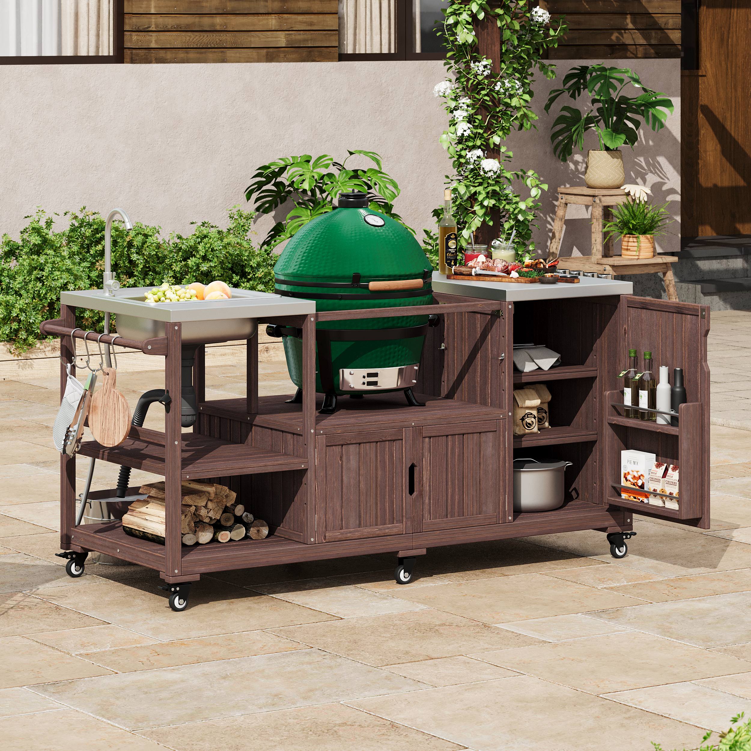 K&K 75.4″ Outdoor Kitchen Island with Sink, Solid Wood Outdoor Grill Cart for XL Green Egg Grills, Rolling Outdoor Bar Cart with Stainless Steel Top, for Pizza Prep & BBQ, Brown