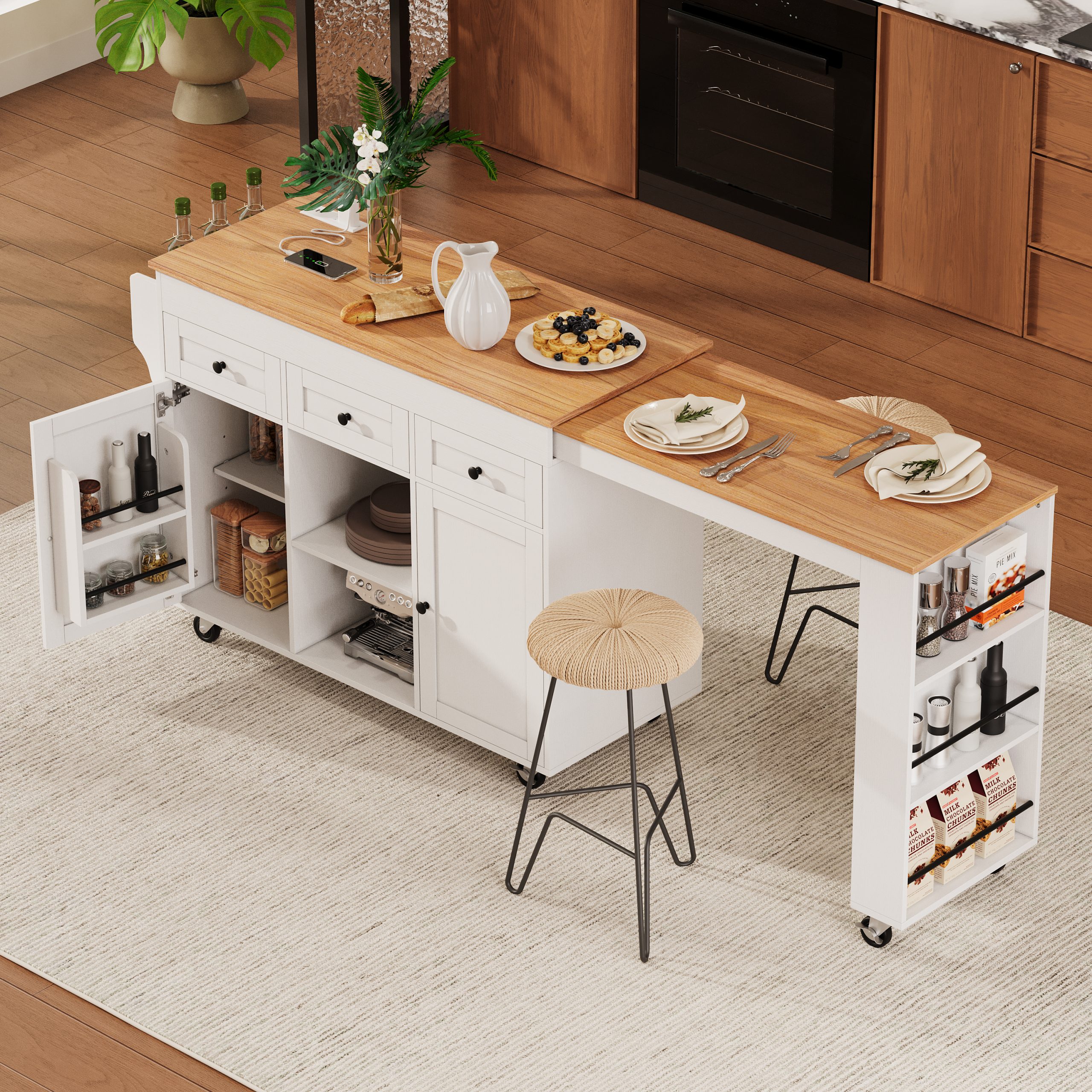 K&K 85.5″ Kitchen Island with Extendable Dining Table, Kitchen Storage Table with 3 Side Open Shelves, Rolling Kitchen Island with Power Outlet, 3 Drawers, 2 Doors, for Kitchen, Dining Room, White