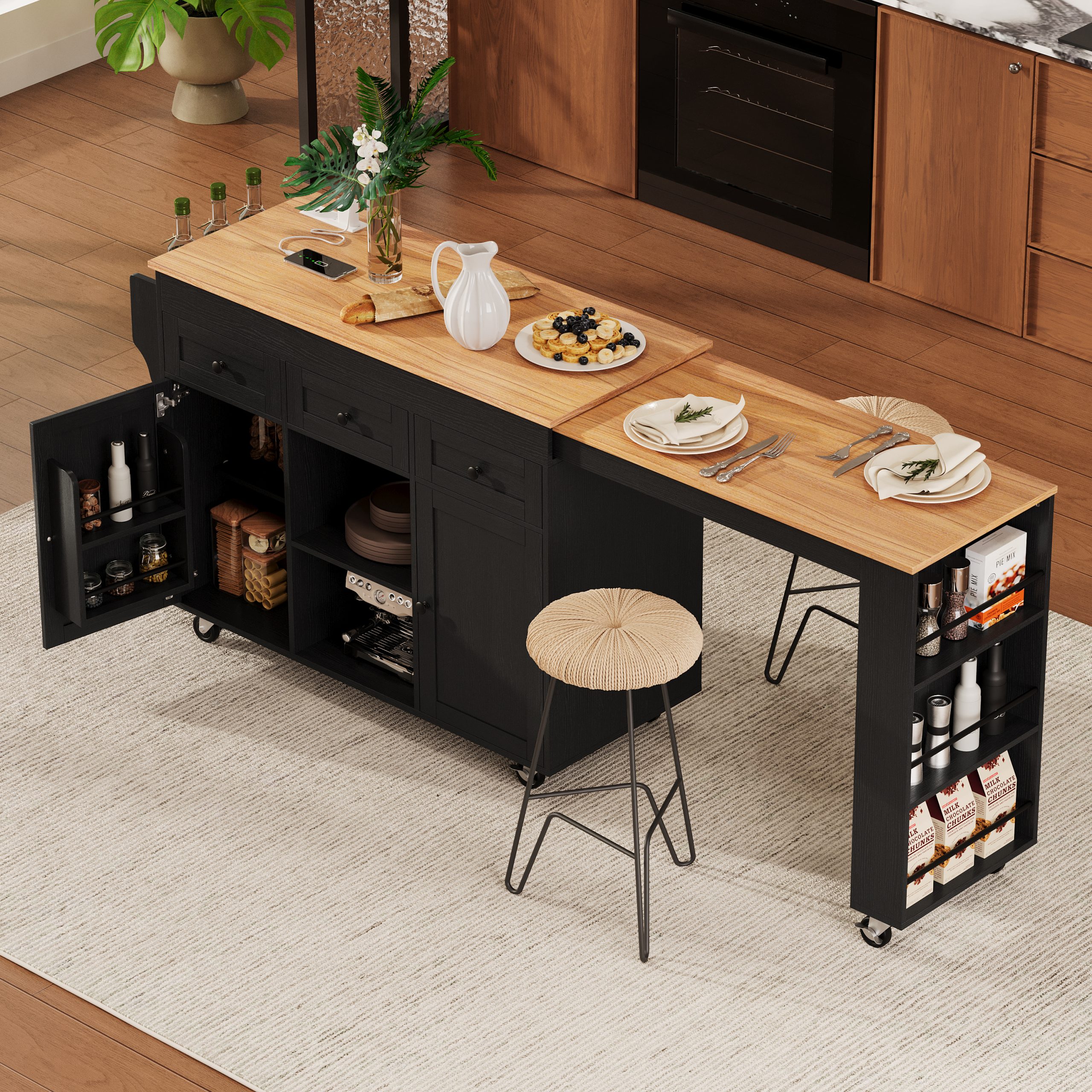 K&K 85.5″ Kitchen Island with Extendable Dining Table, Kitchen Storage Table with 3 Side Open Shelves, Rolling Kitchen Island with Power Outlet, 3 Drawers, 2 Doors, for Kitchen, Dining Room, Black