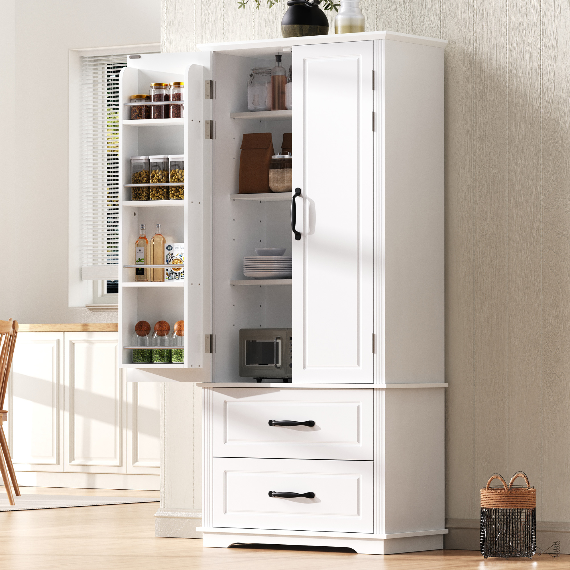 K&K 71″ Farmhouse Kitchen Pantry Cabinet with 2 Large Drawers,Embossed Texture Freestanding Cupboard Cabinet with 8 Door Shelves and 3 Cabinet Shelves for Kitchen,Dining Room,Living Room,Laundry,White