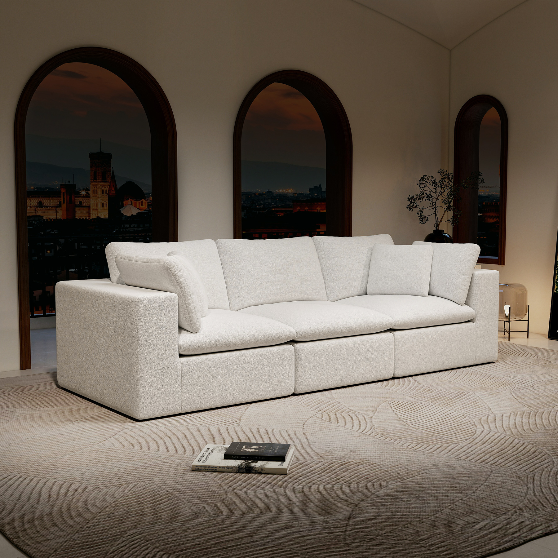 108.3*39.4″Modular sectional sofa seat,Upholstered compressed couch for living room,Bedroom,Apartment,No assembly required,3PC free combination,Plush corduroy fabric,WHITE
