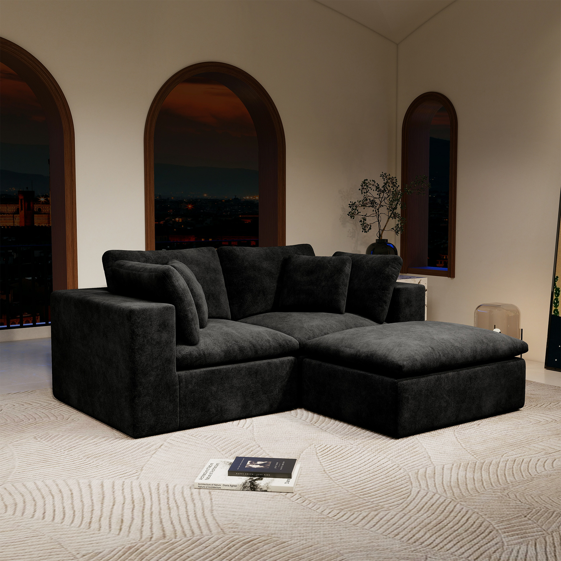 78.8*68.9″Modular sectional sofa seat,Upholstered compressed couch for living room,Bedroom,Apartment,No assembly required,3PC free combination,Plush corduroy fabric,BLACK
