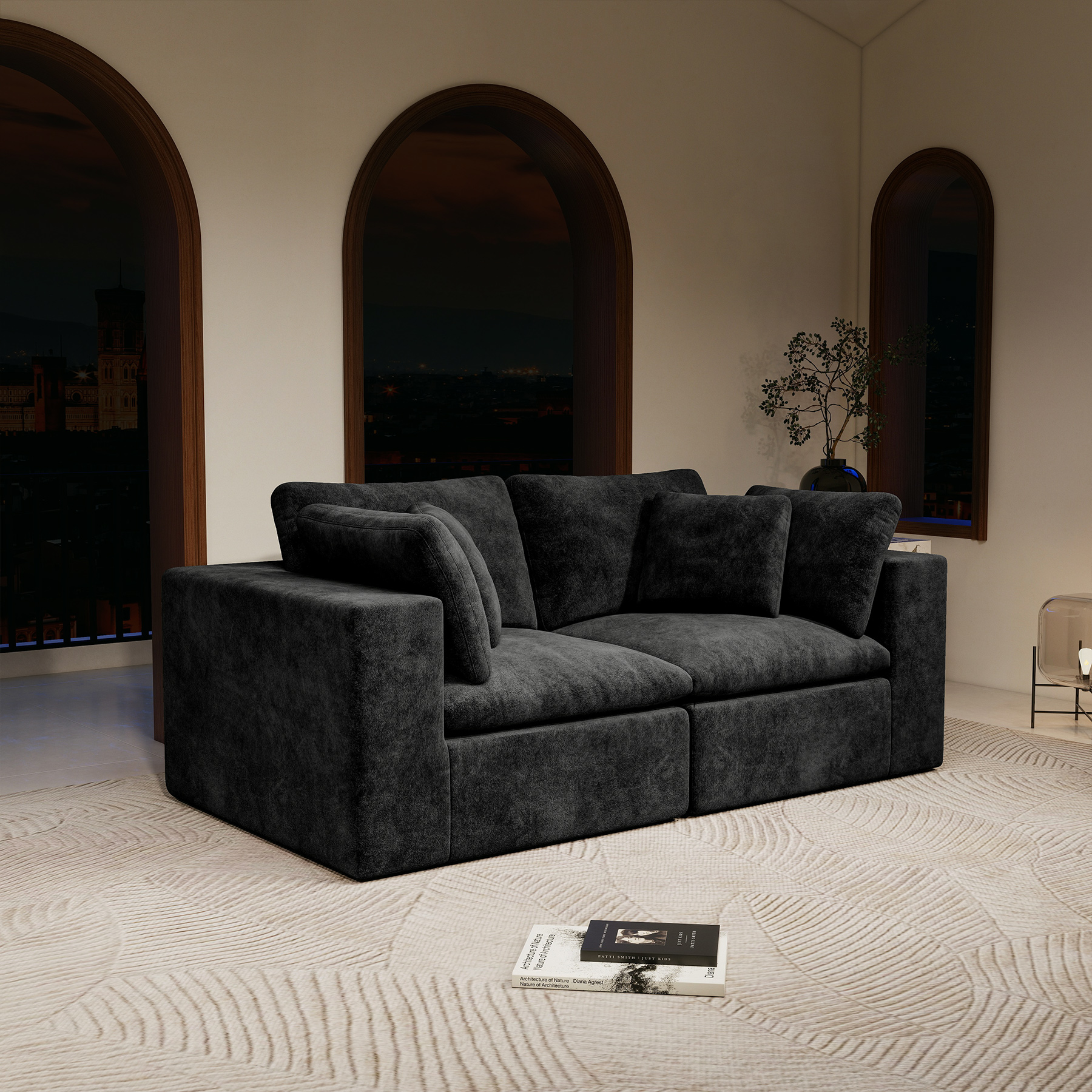 78.8*39.4″Modular sectional sofa seat,Upholstered compressed couch for living room,Bedroom,Apartment,No assembly required,2PC free combination,Plush corduroy fabric,BLACK